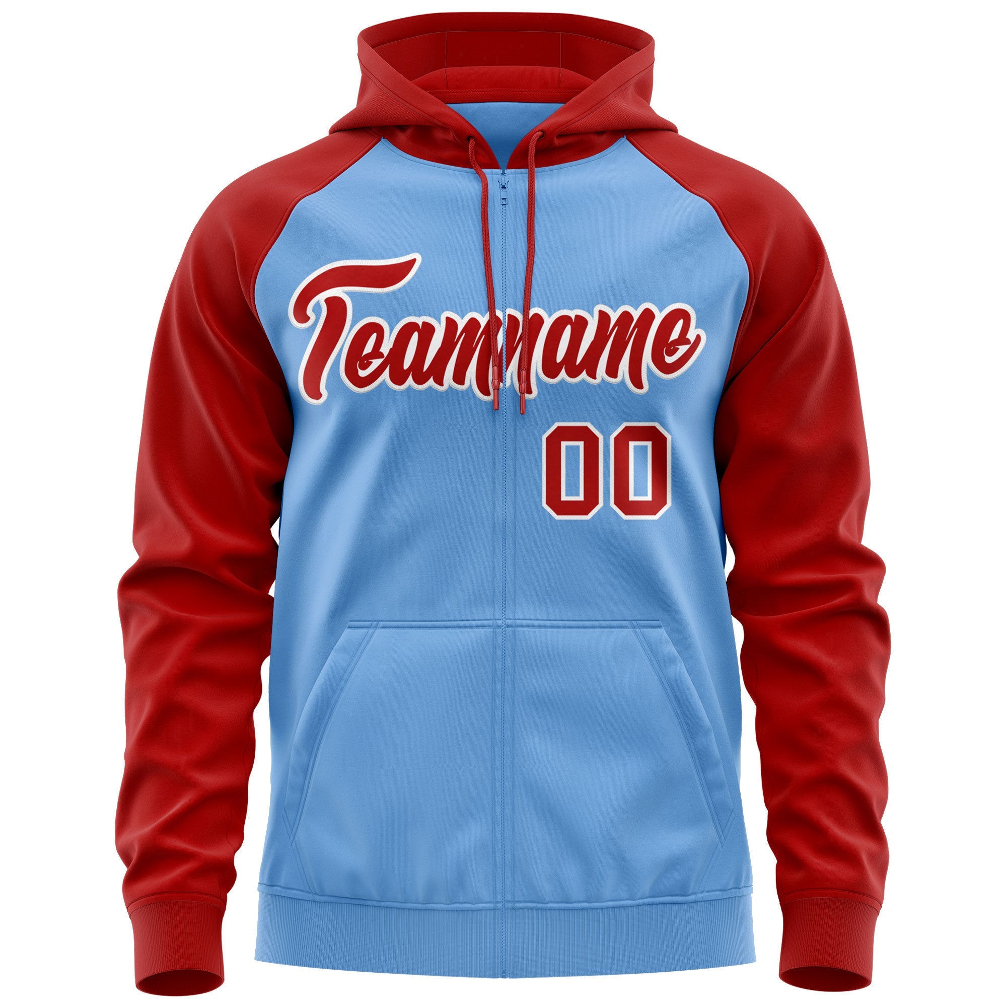 Custom Stitched Light Blue Red-White Raglan Sleeves Sports Full-Zip Sweatshirt Hoodie