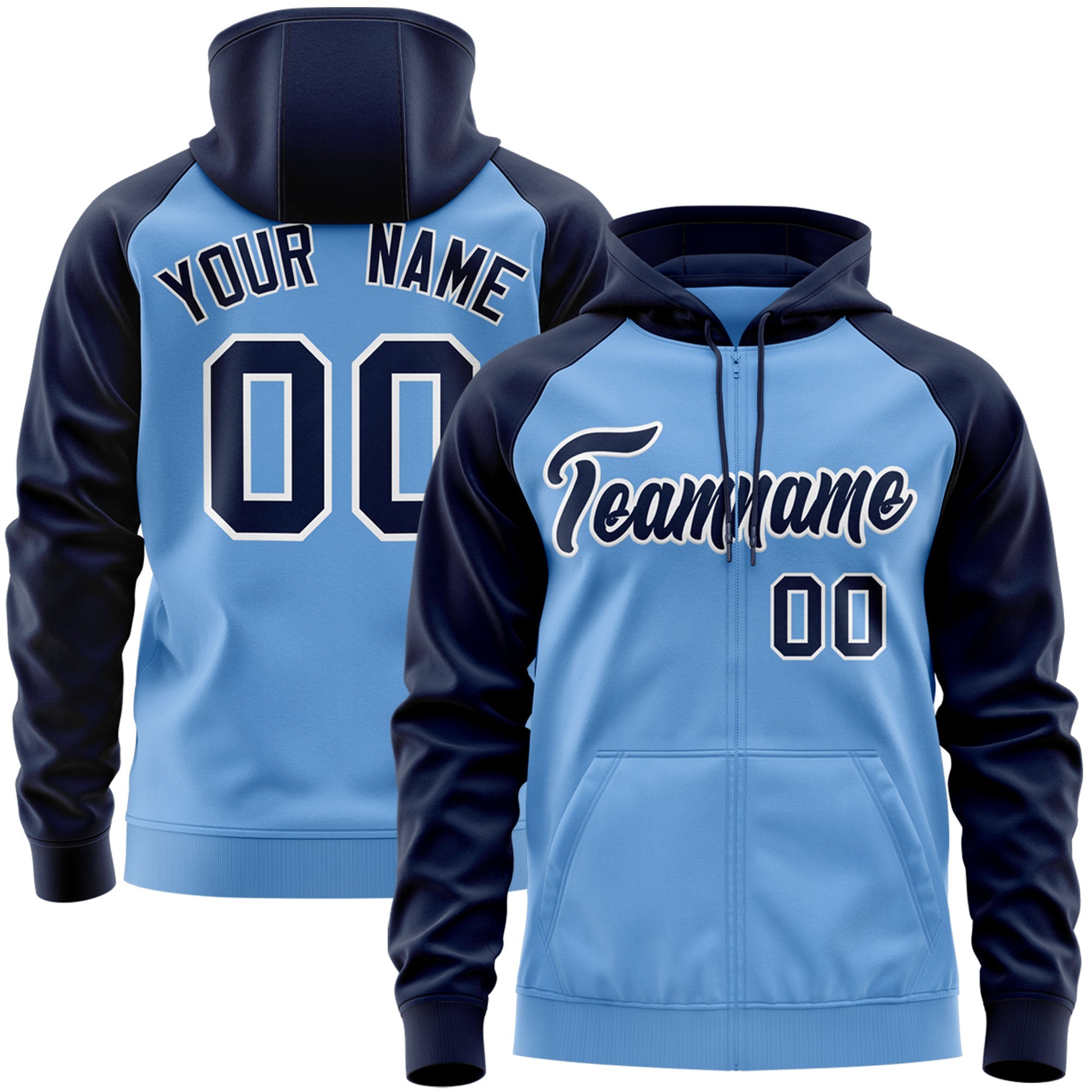 Custom Stitched Light Blue Navy-White Raglan Sleeves Sports Full-Zip Sweatshirt Hoodie