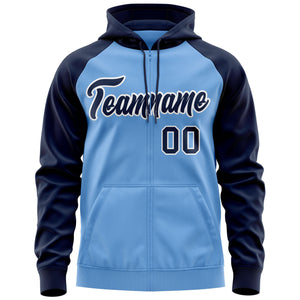 Custom Stitched Light Blue Navy-White Raglan Sleeves Sports Full-Zip Sweatshirt Hoodie