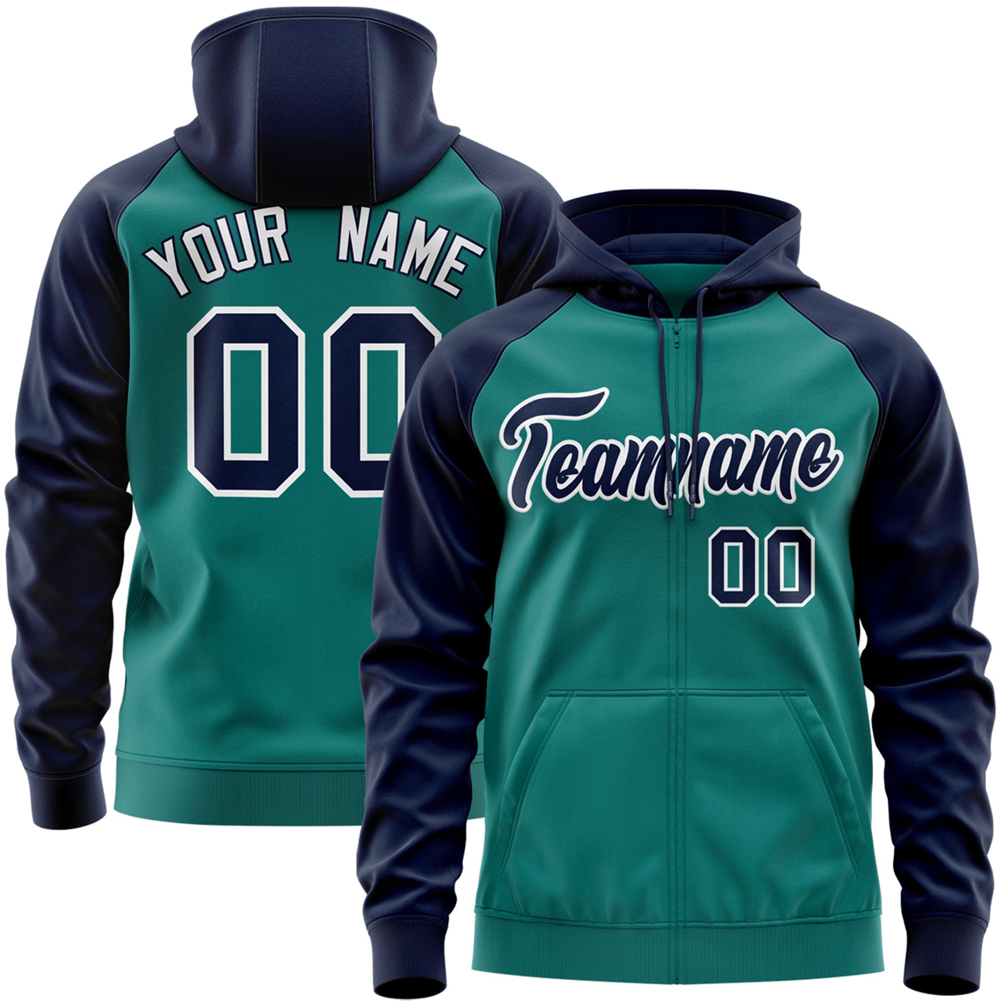 Custom Stitched Aqua Navy-White Raglan Sleeves Sports Full-Zip Sweatshirt Hoodie