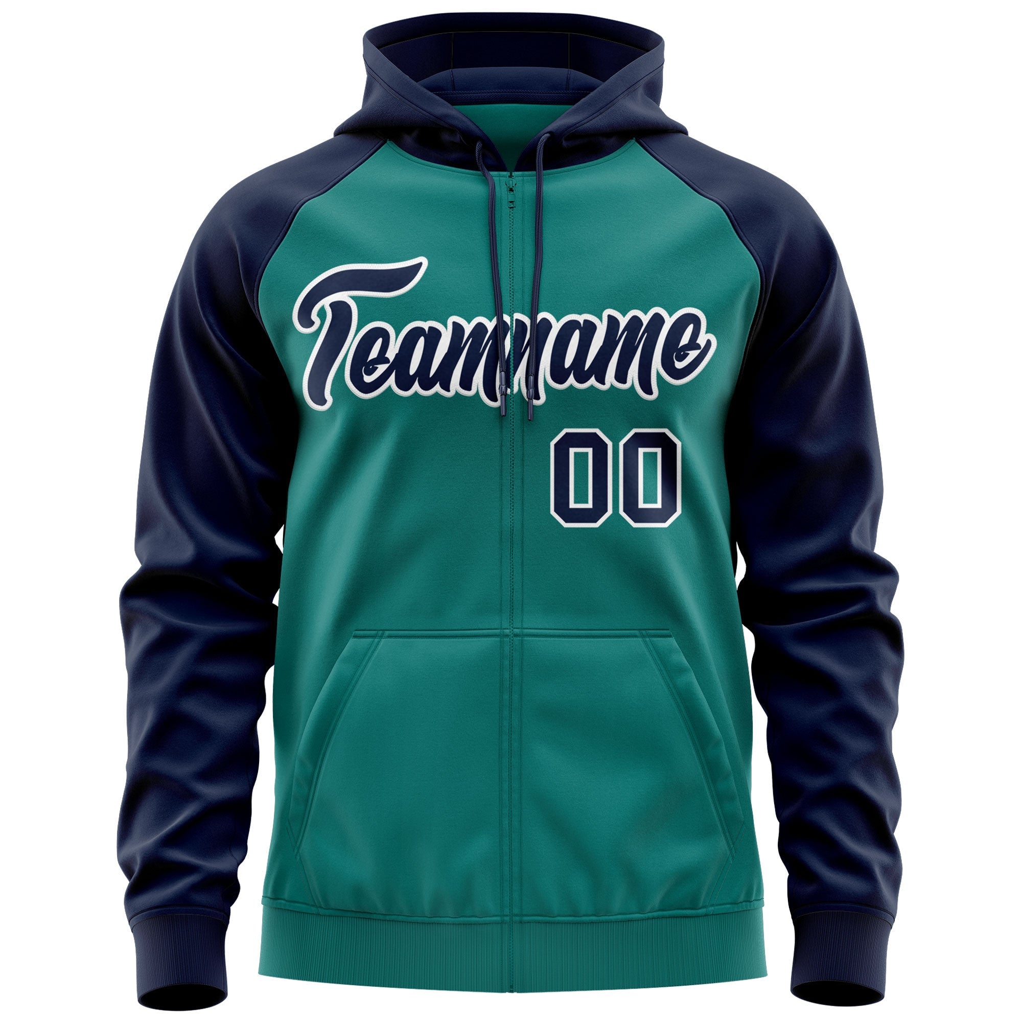 Custom Stitched Aqua Navy-White Raglan Sleeves Sports Full-Zip Sweatshirt Hoodie