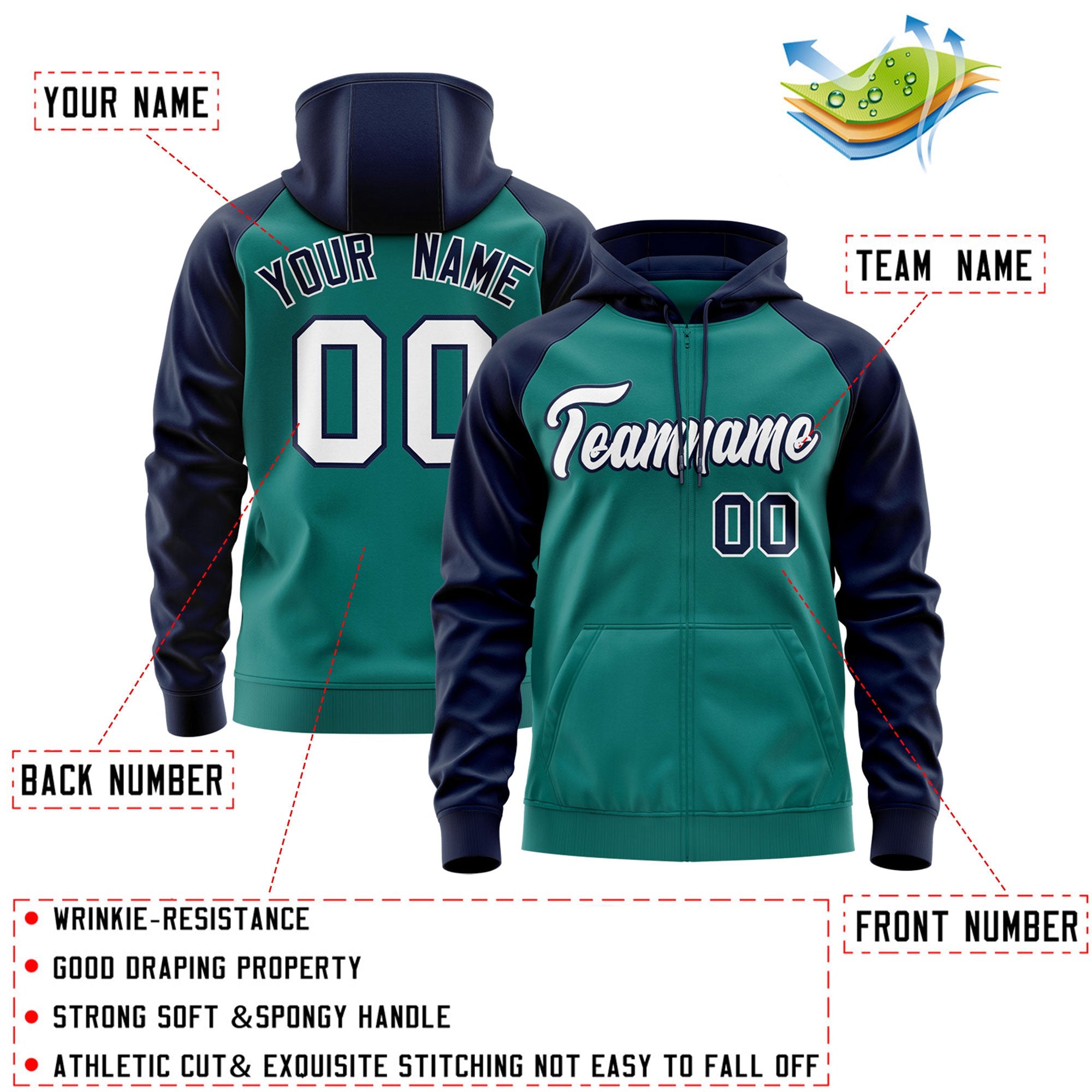 Custom Stitched Aqua White-Navy Raglan Sleeves Sports Full-Zip Sweatshirt Hoodie