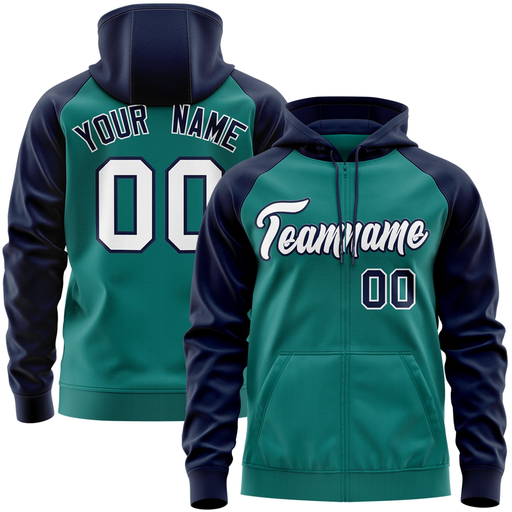 Custom Stitched Aqua White-Navy Raglan Sleeves Sports Full-Zip Sweatshirt Hoodie