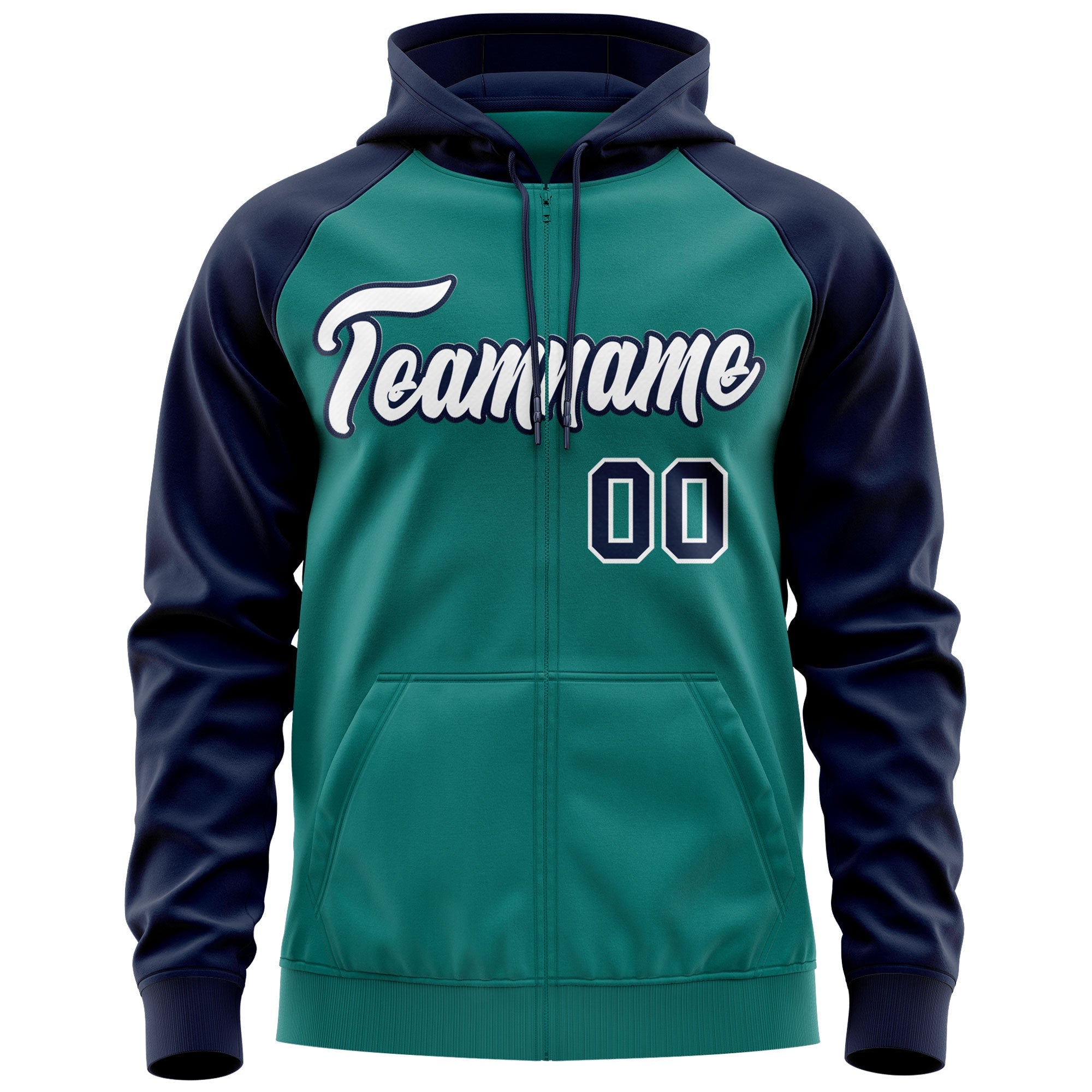 Custom Stitched Aqua White-Navy Raglan Sleeves Sports Full-Zip Sweatshirt Hoodie