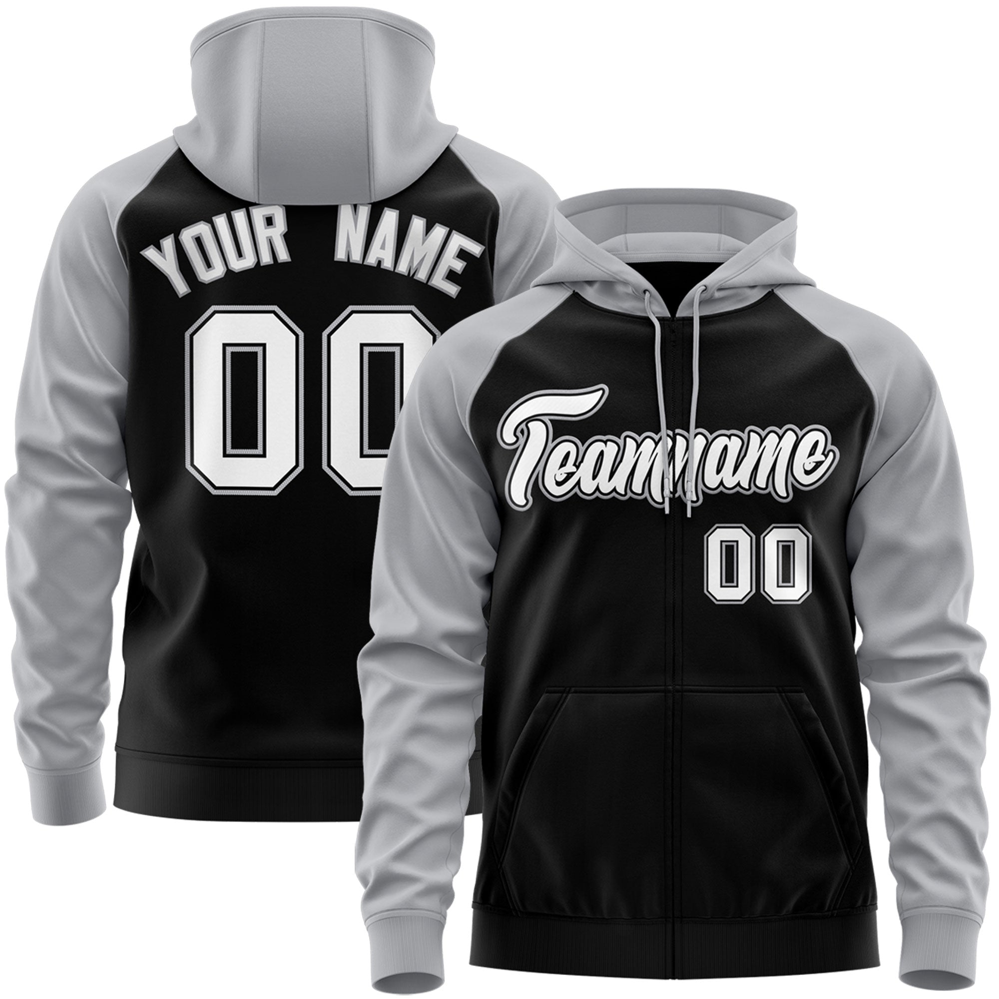 Custom Stitched Black White-Gray Raglan Sleeves Sports Full-Zip Sweatshirt Hoodie