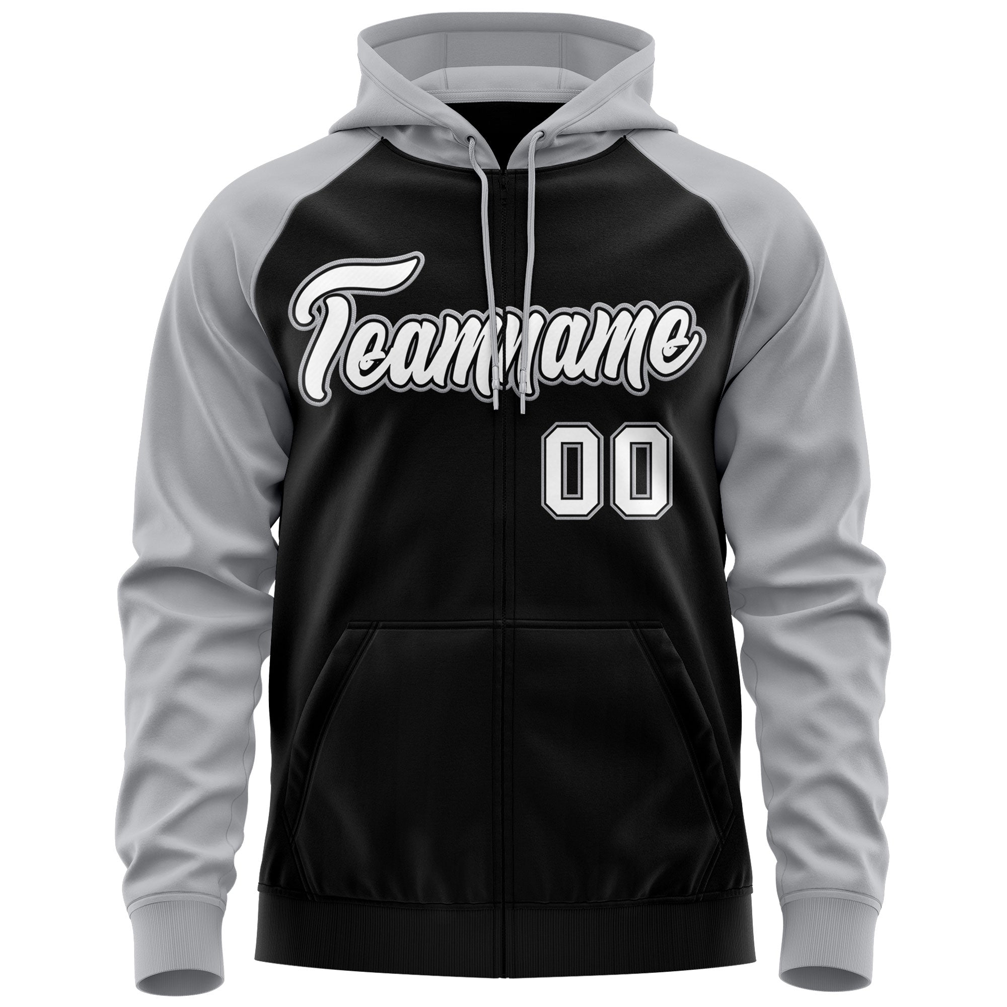 Custom Stitched Black White-Gray Raglan Sleeves Sports Full-Zip Sweatshirt Hoodie