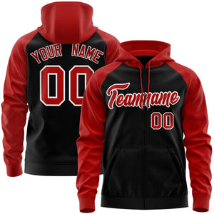 Custom Stitched Black Red-White Raglan Sleeves Sports Full-Zip Sweatshirt Hoodie