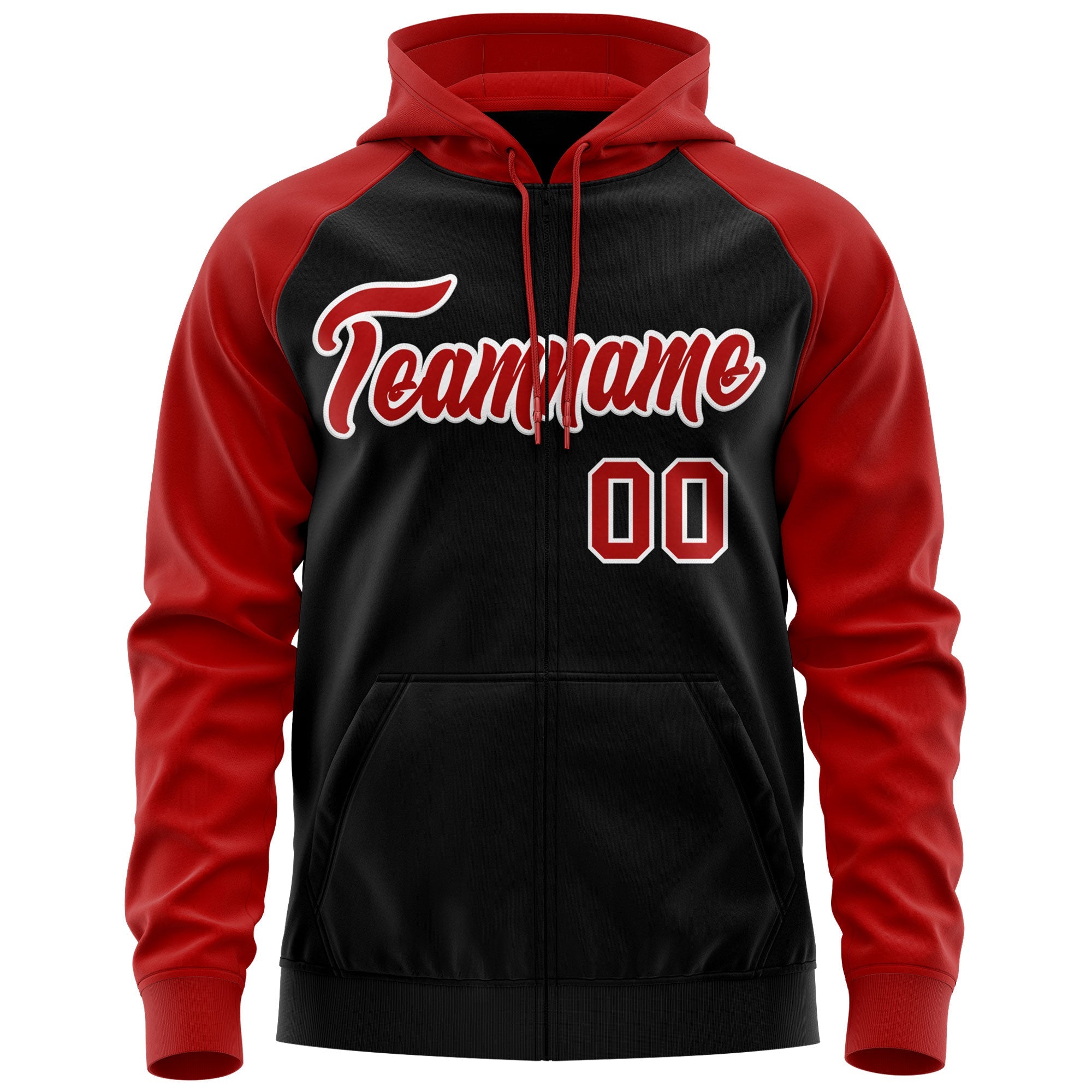 Custom Stitched Black Red-White Raglan Sleeves Sports Full-Zip Sweatshirt Hoodie