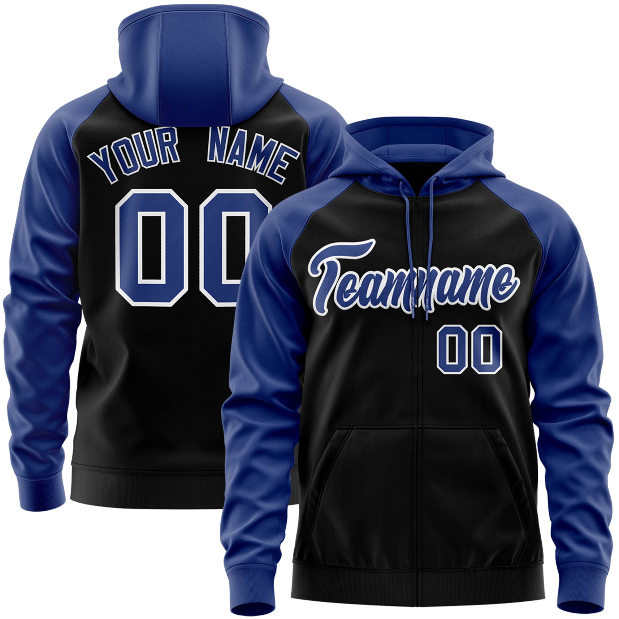 Custom Stitched Black Royal-White Raglan Sleeves Sports Full-Zip Sweatshirt Hoodie