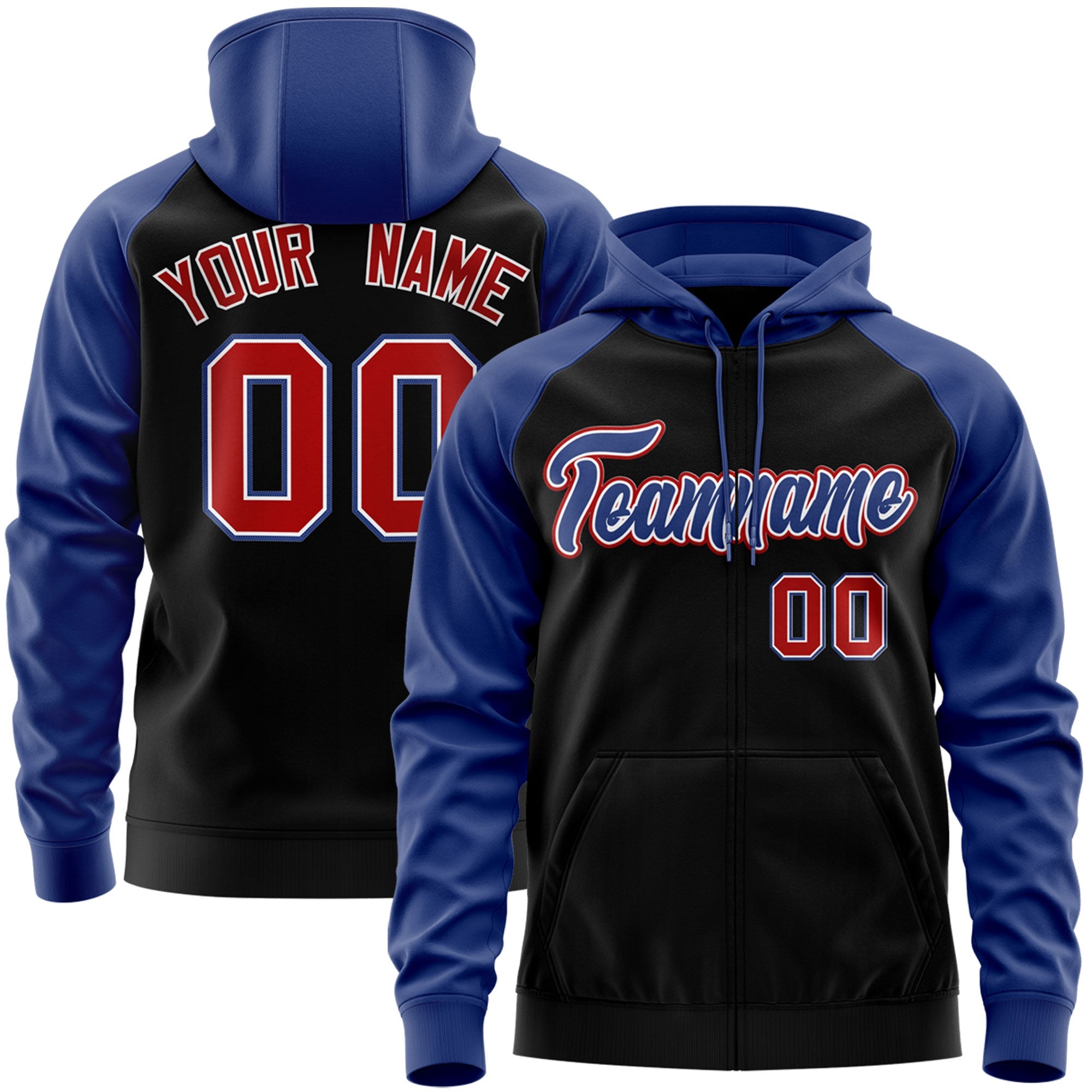 Custom Stitched Black Royal-Red Raglan Sleeves Sports Full-Zip Sweatshirt Hoodie