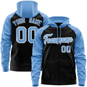 Custom Stitched Black Light Blue-White Raglan Sleeves Sports Full-Zip Sweatshirt Hoodie