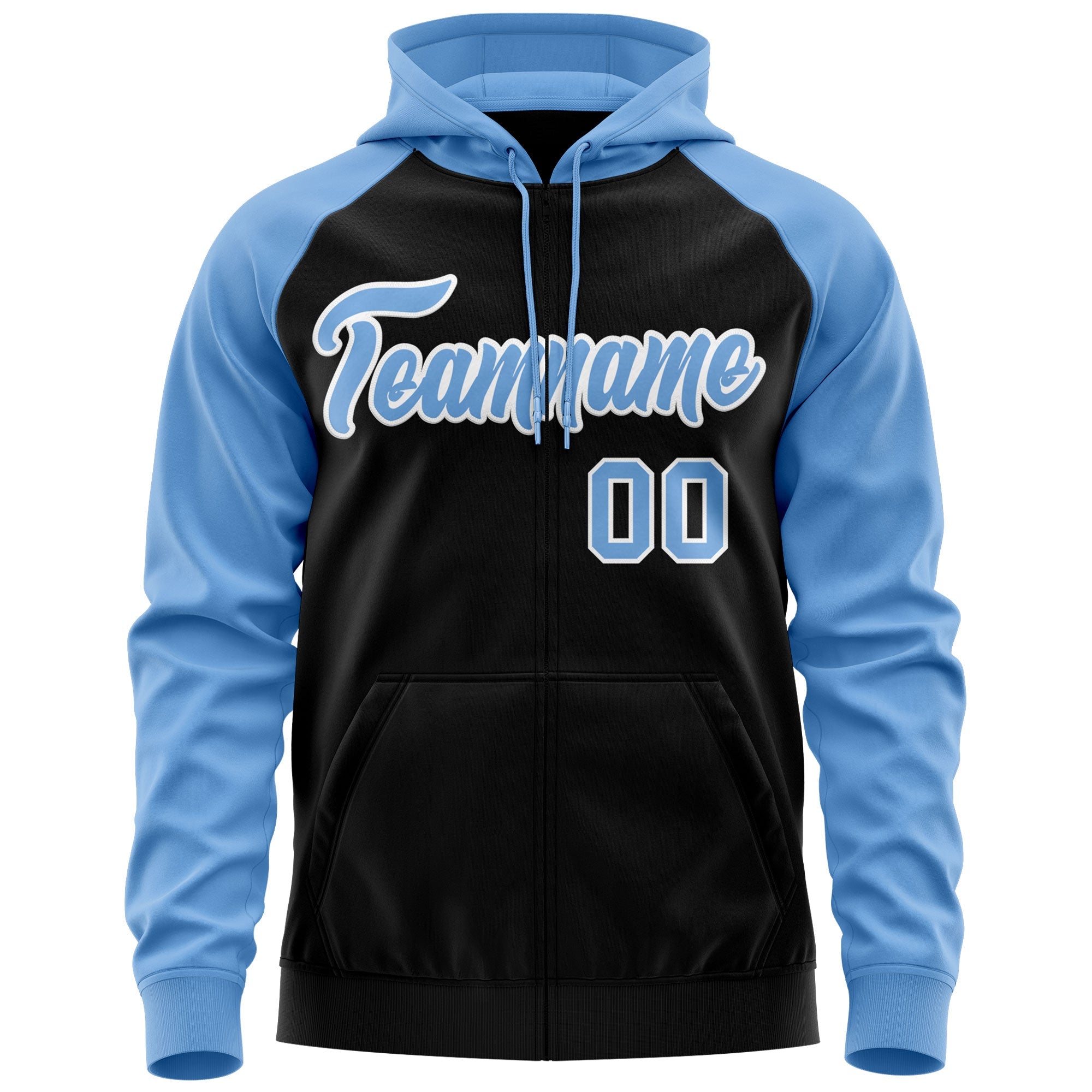 Custom Stitched Black Light Blue-White Raglan Sleeves Sports Full-Zip Sweatshirt Hoodie