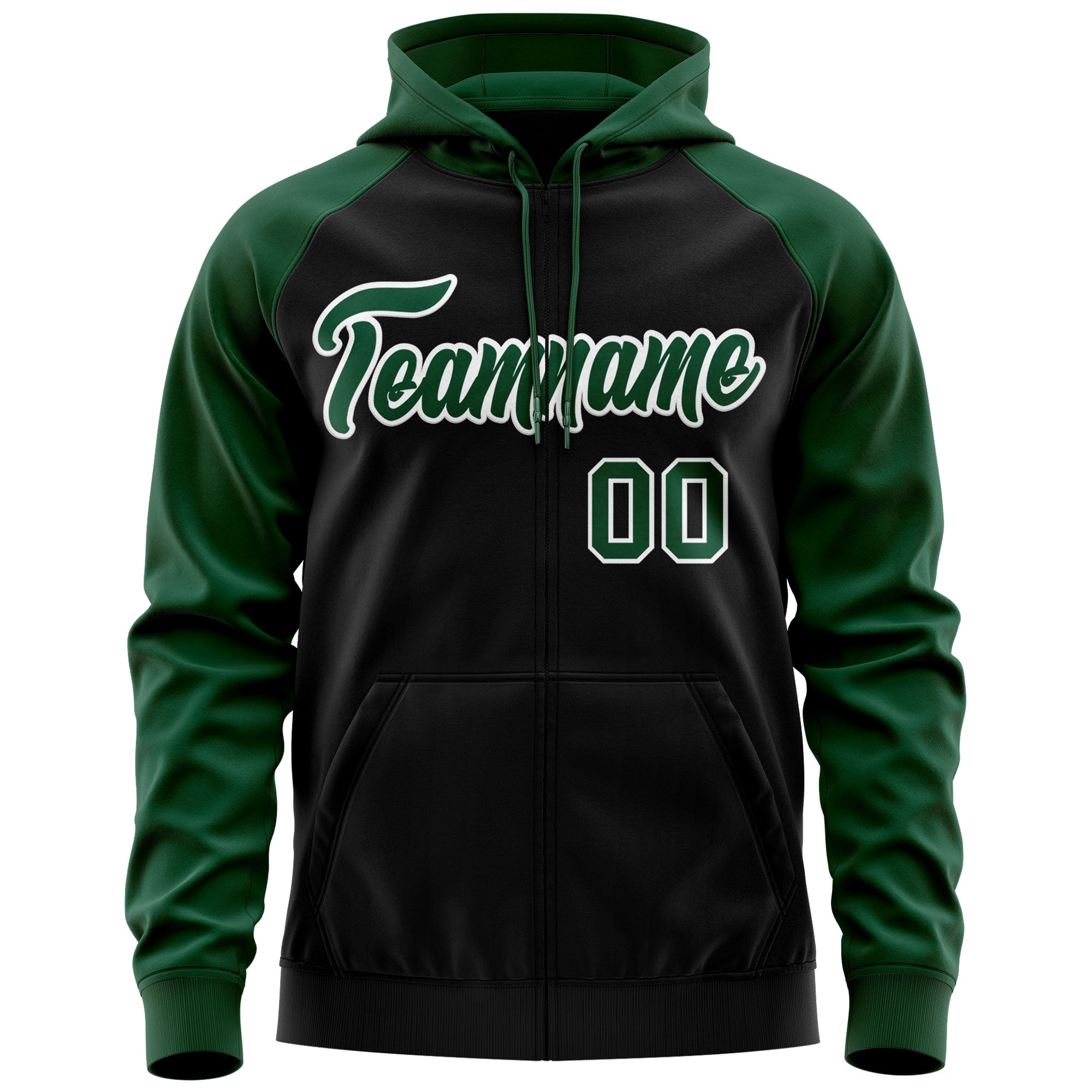 Custom Stitched Black Green-White Raglan Sleeves Sports Full-Zip Sweatshirt Hoodie