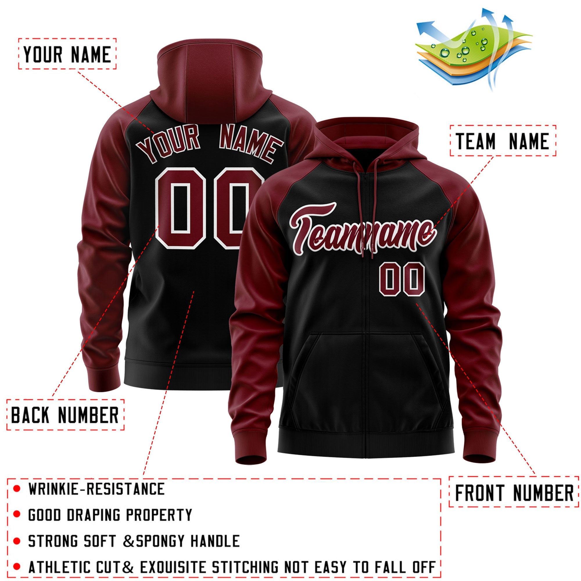 Custom Stitched Black Crimson-White Raglan Sleeves Sports Full-Zip Sweatshirt Hoodie