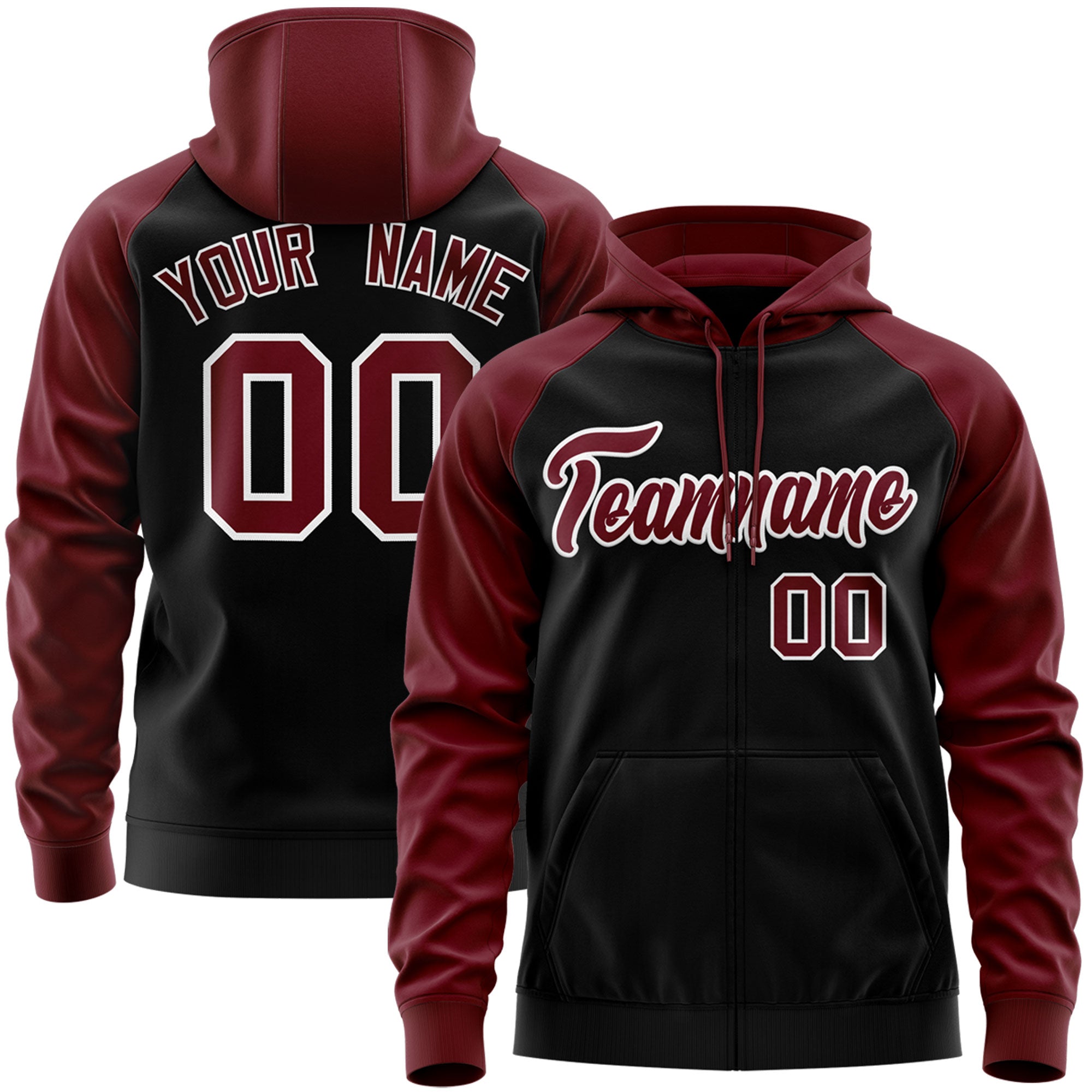 Custom Stitched Black Crimson-White Raglan Sleeves Sports Full-Zip Sweatshirt Hoodie