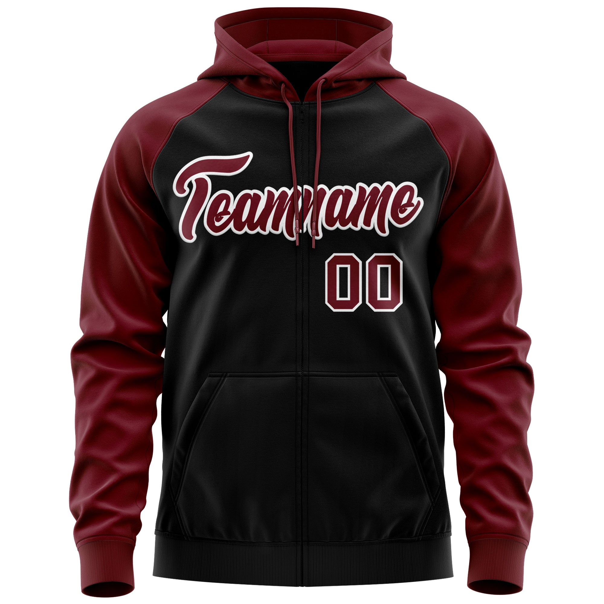 Custom Stitched Black Crimson-White Raglan Sleeves Sports Full-Zip Sweatshirt Hoodie