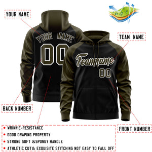 Custom Stitched Black Olive-White Raglan Sleeves Sports Full-Zip Sweatshirt Hoodie