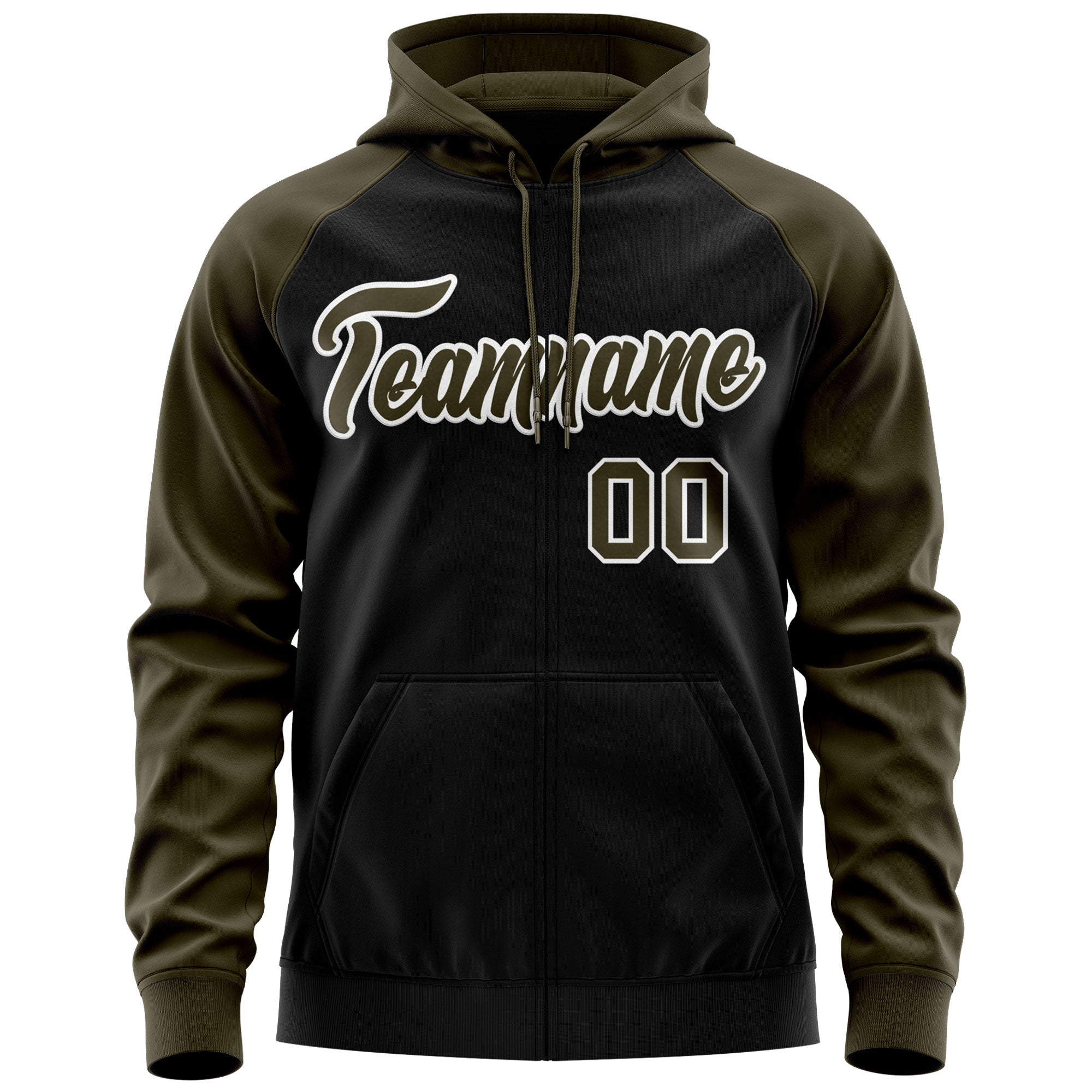 Custom Stitched Black Olive-White Raglan Sleeves Sports Full-Zip Sweatshirt Hoodie