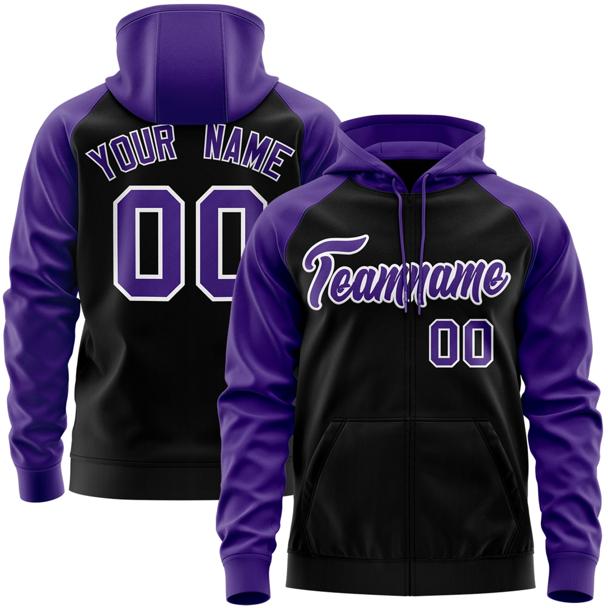 Custom Stitched Black Purple-White Raglan Sleeves Sports Full-Zip Sweatshirt Hoodie