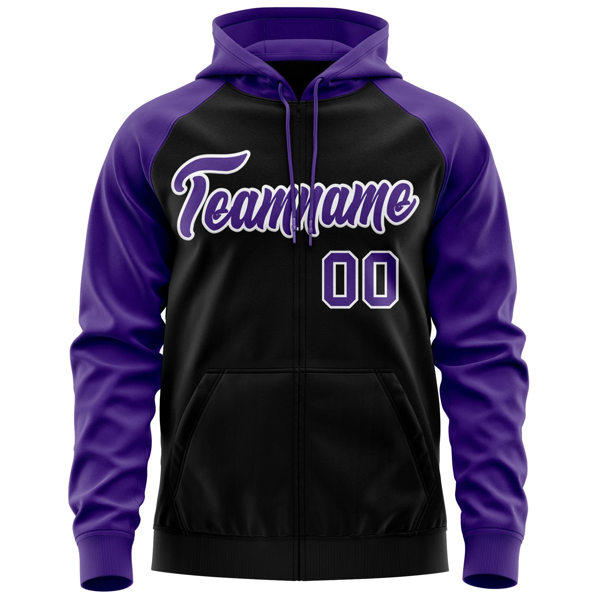 Custom Stitched Black Purple-White Raglan Sleeves Sports Full-Zip Sweatshirt Hoodie