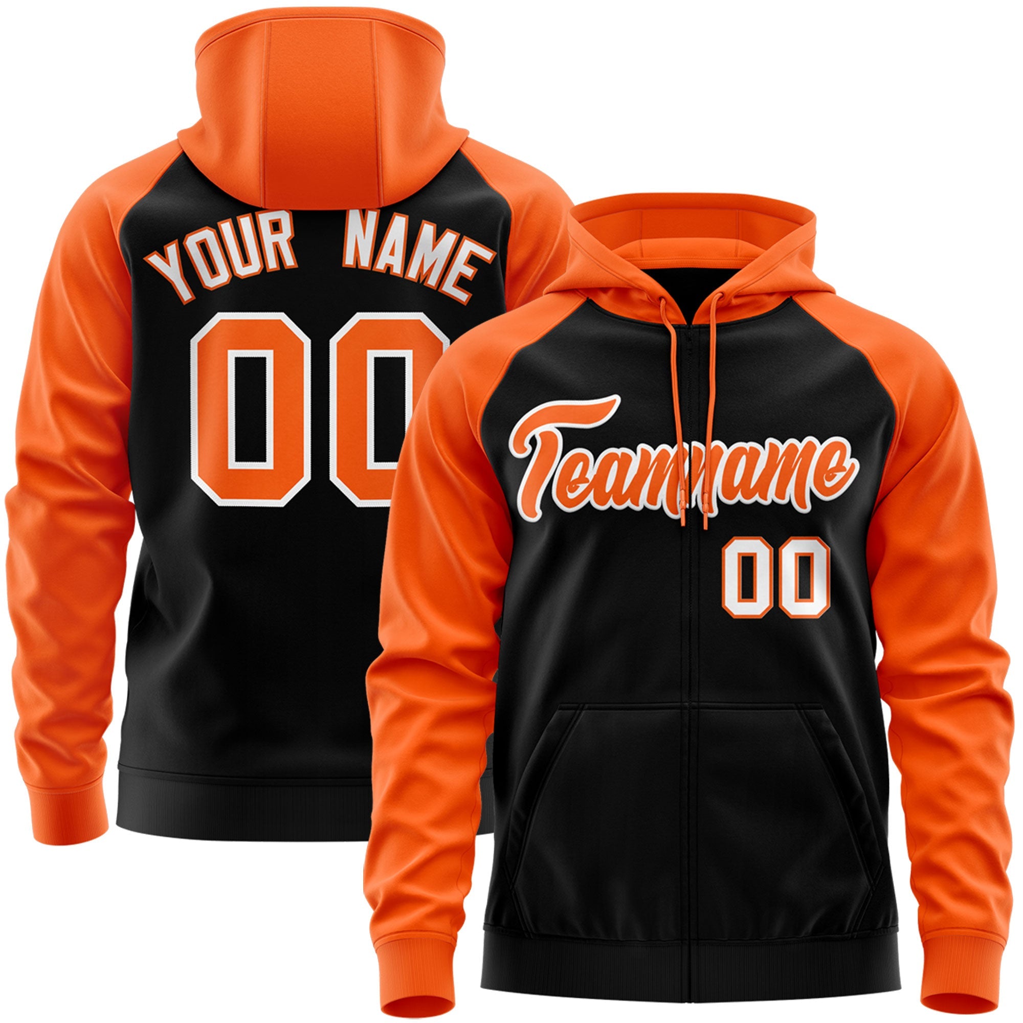 Custom Stitched Black Orange-White Raglan Sleeves Sports Full-Zip Sweatshirt Hoodie