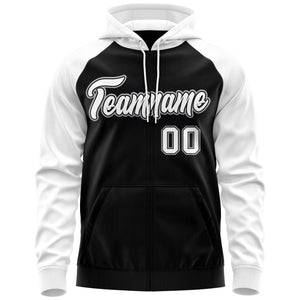 Custom Stitched Black White-Gray Raglan Sleeves Sports Full-Zip Sweatshirt Hoodie