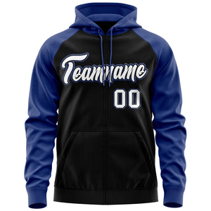 Custom Stitched Black White-Royal Raglan Sleeves Sports Full-Zip Sweatshirt Hoodie