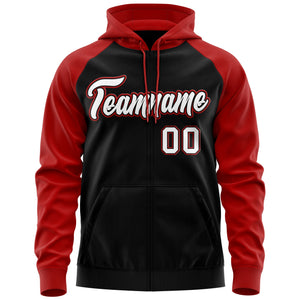 Custom Stitched Black White-Red Raglan Sleeves Sports Full-Zip Sweatshirt Hoodie