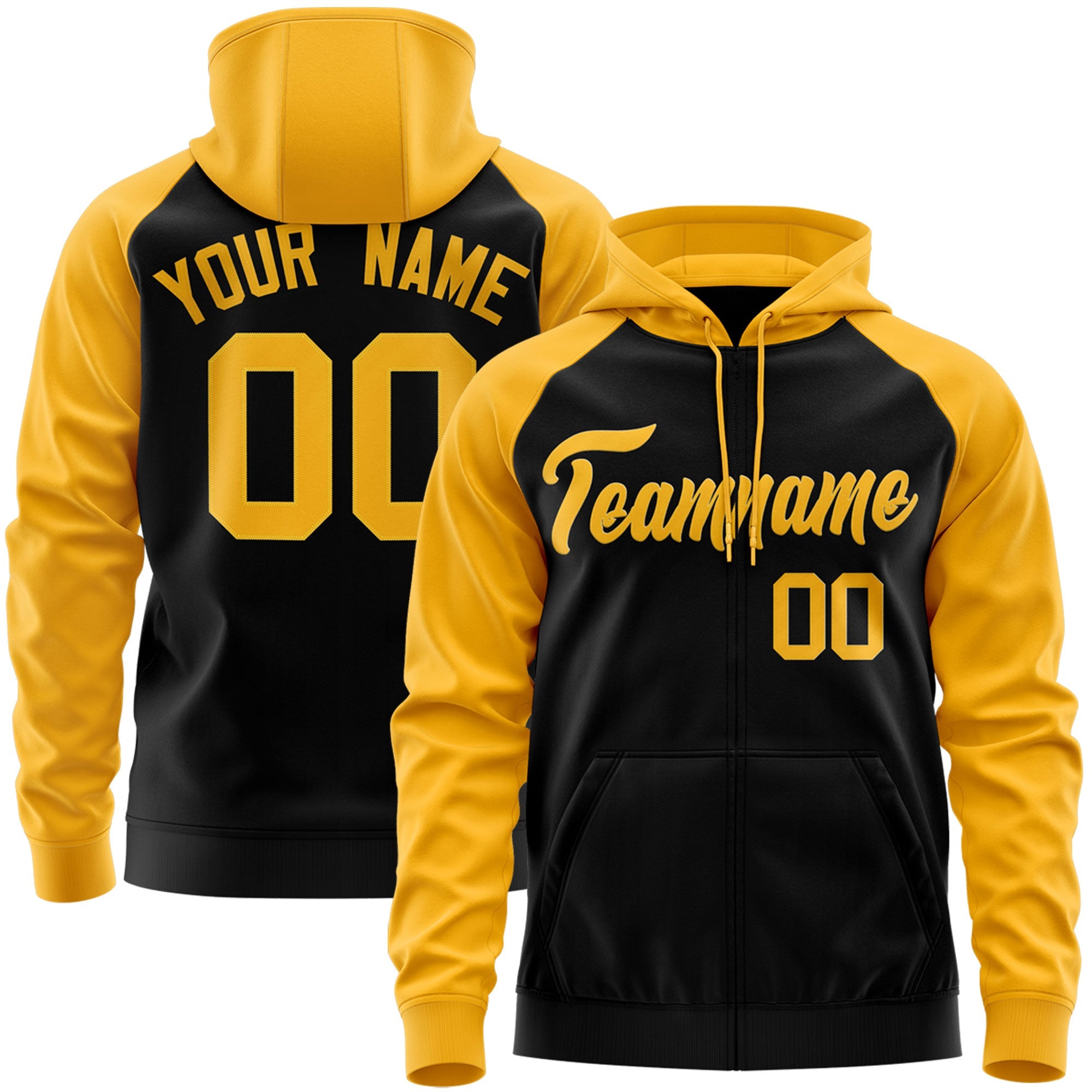 Custom Stitched Black Gold Raglan Sleeves Sports Full-Zip Sweatshirt Hoodie