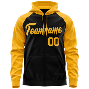 Custom Stitched Black Gold Raglan Sleeves Sports Full-Zip Sweatshirt Hoodie