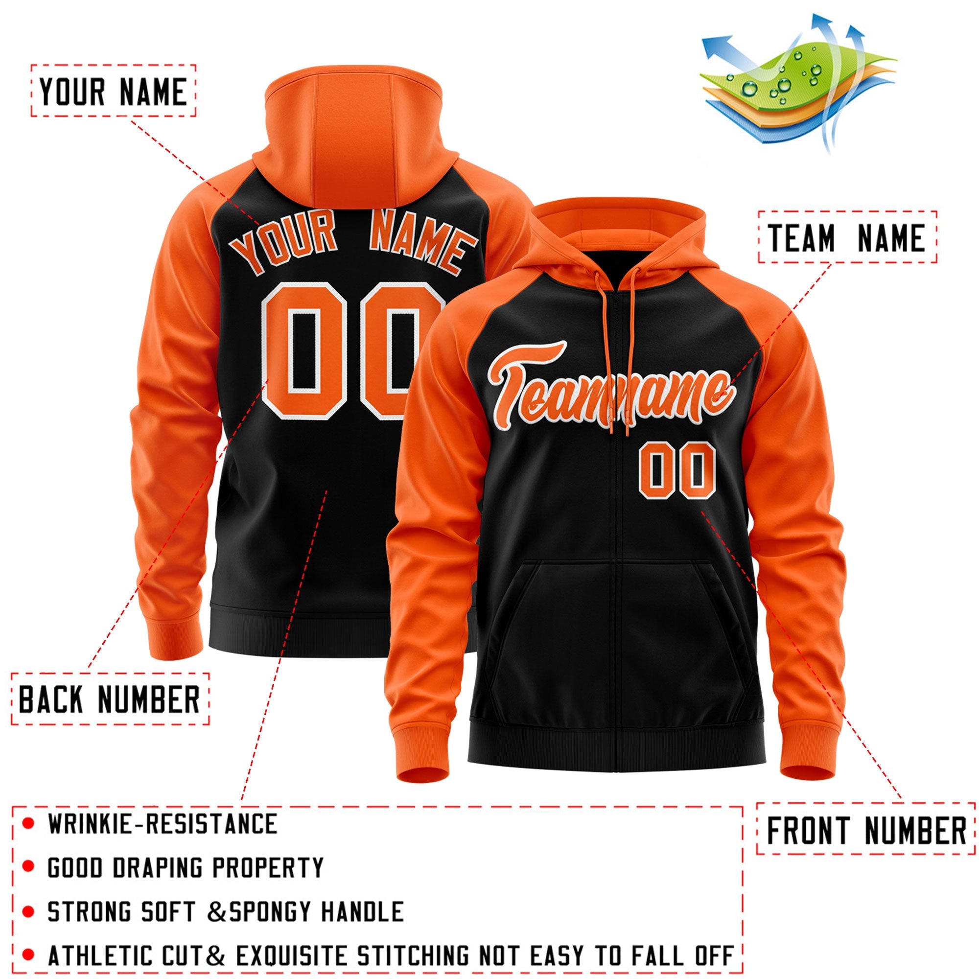 Custom Stitched Black Orange-White Raglan Sleeves Sports Full-Zip Sweatshirt Hoodie