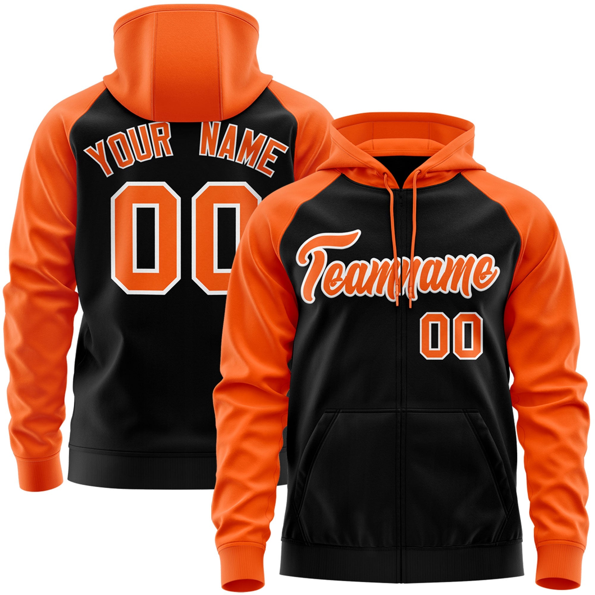 Custom Stitched Black Orange-White Raglan Sleeves Sports Full-Zip Sweatshirt Hoodie