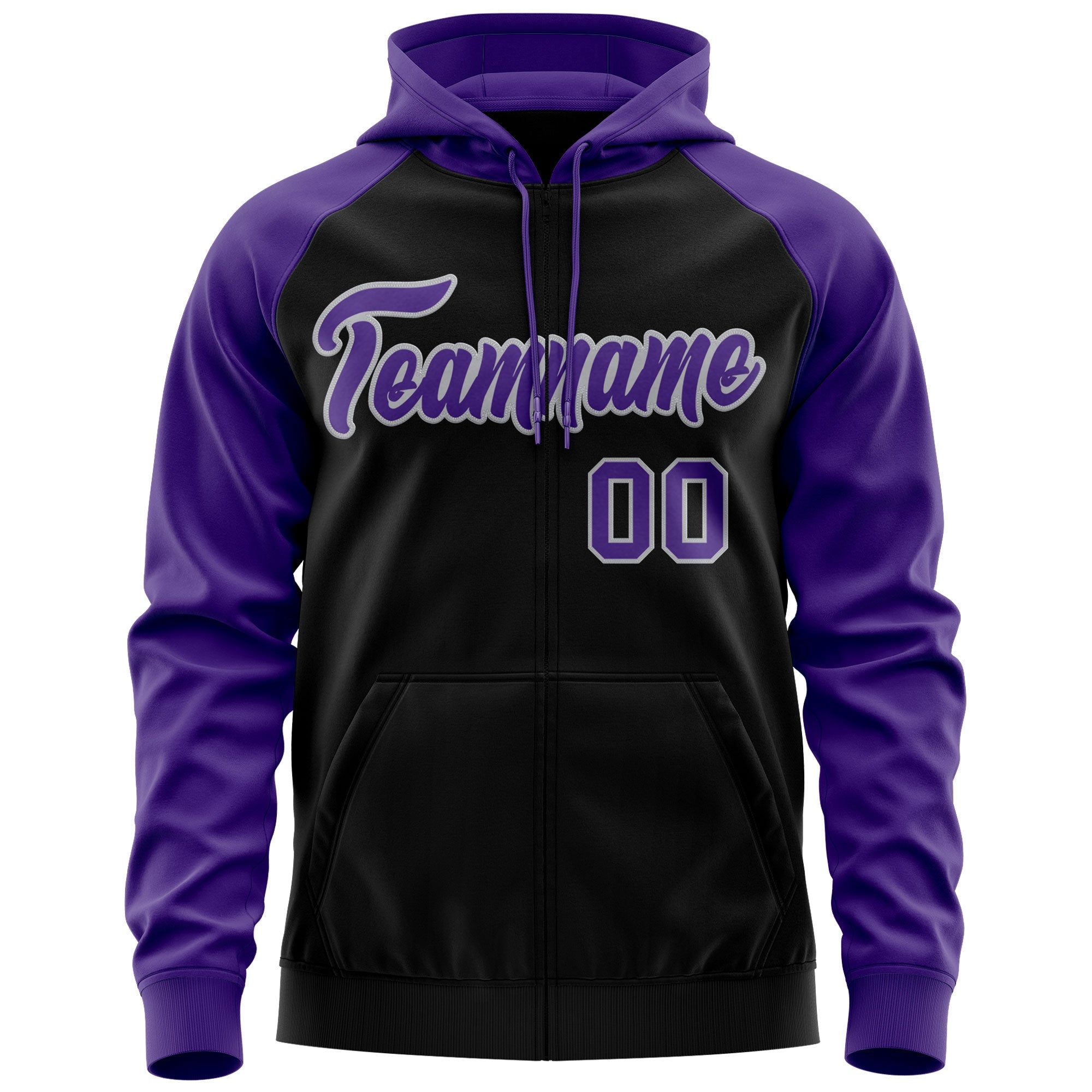 Custom Stitched Black Purple-Gray Raglan Sleeves Sports Full-Zip Sweatshirt Hoodie