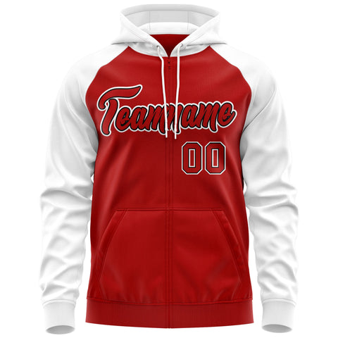 Custom Stitched Red Black-White Raglan Sleeves Sports Full-Zip Sweatshirt Hoodie