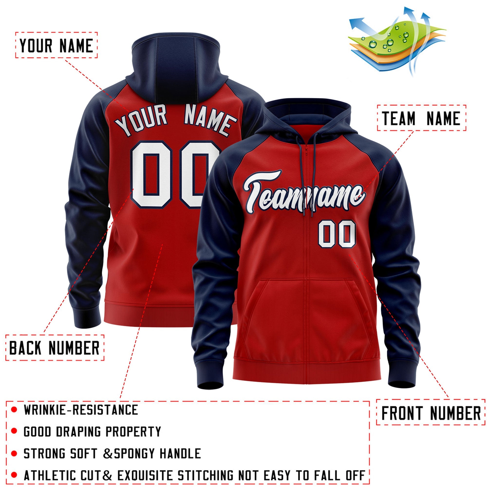 Custom Stitched Red White-Navy Raglan Sleeves Sports Full-Zip Sweatshirt Hoodie