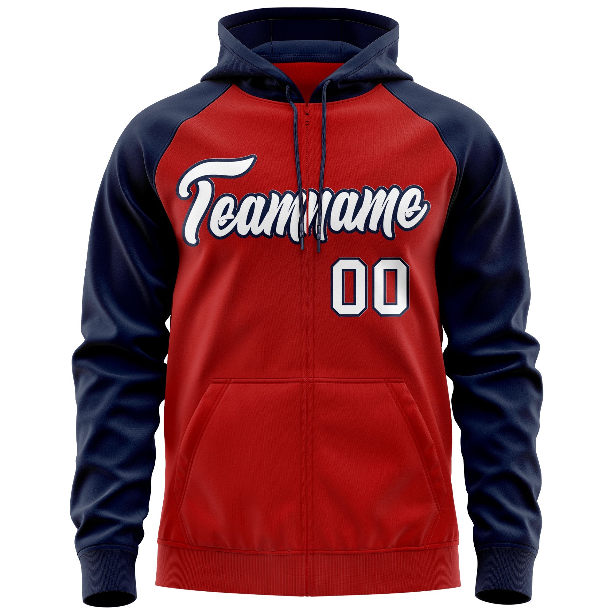 Custom Stitched Red White-Navy Raglan Sleeves Sports Full-Zip Sweatshirt Hoodie