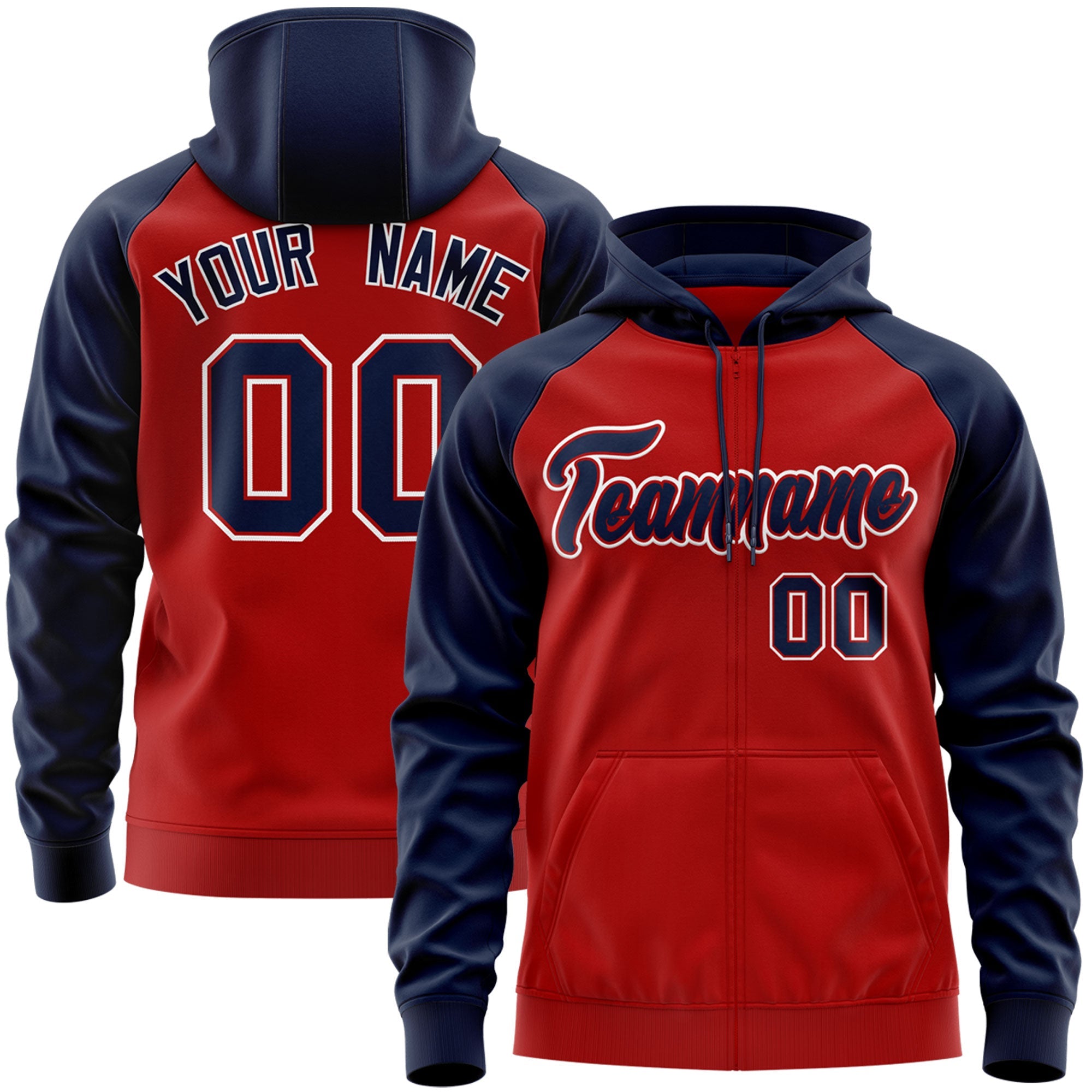 Custom Stitched Red Navy-White Raglan Sleeves Sports Full-Zip Sweatshirt Hoodie