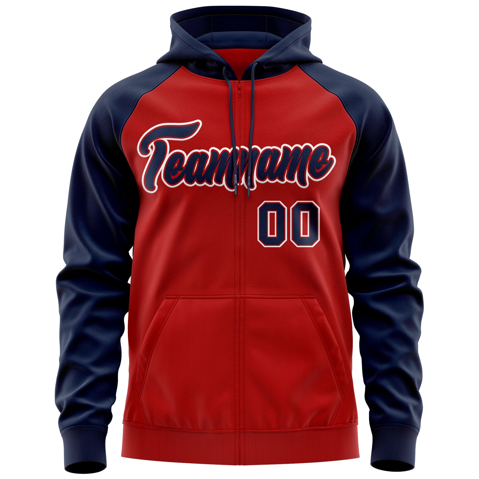 Custom Stitched Red Navy-White Raglan Sleeves Sports Full-Zip Sweatshirt Hoodie