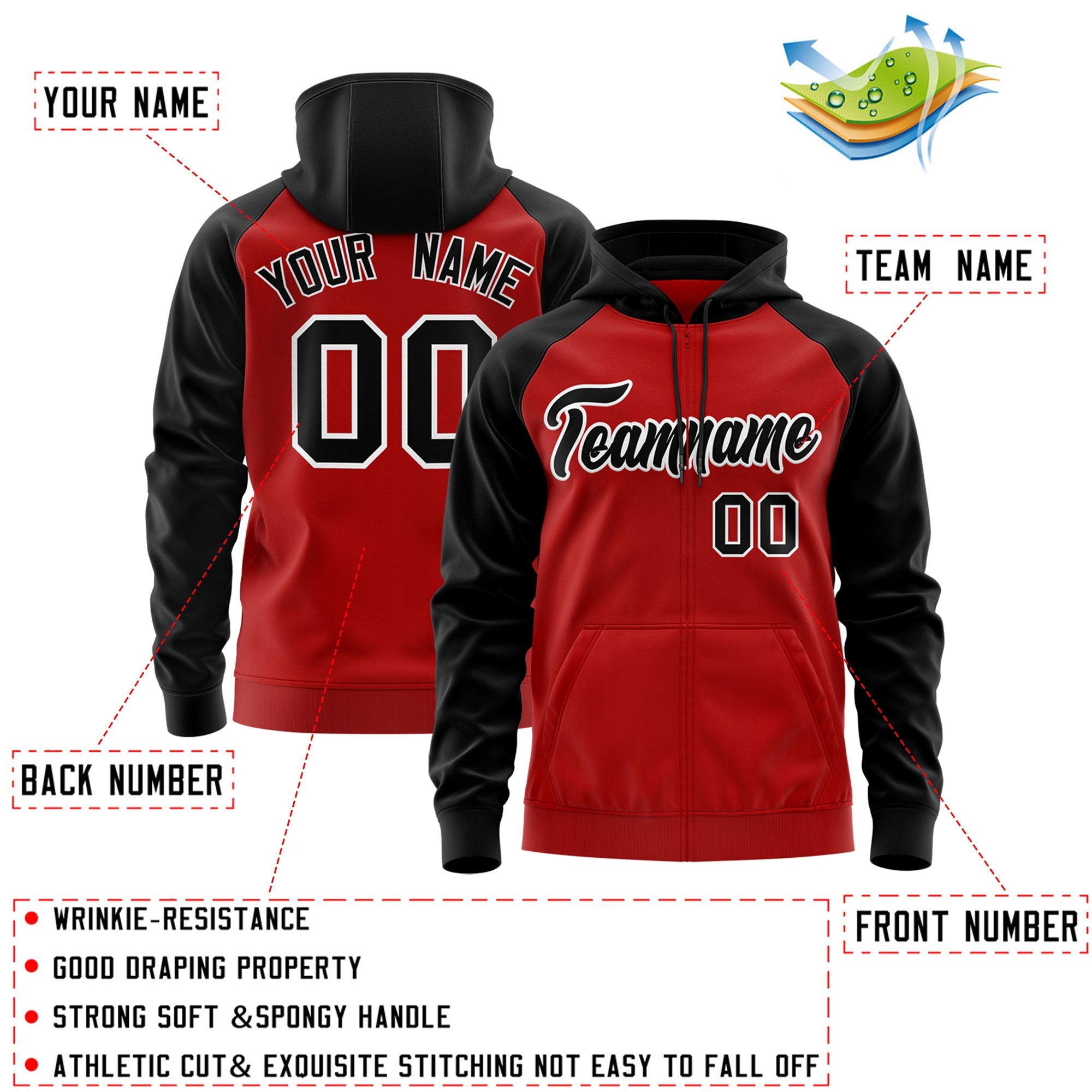 Custom Stitched Red Black-White Raglan Sleeves Sports Full-Zip Sweatshirt Hoodie