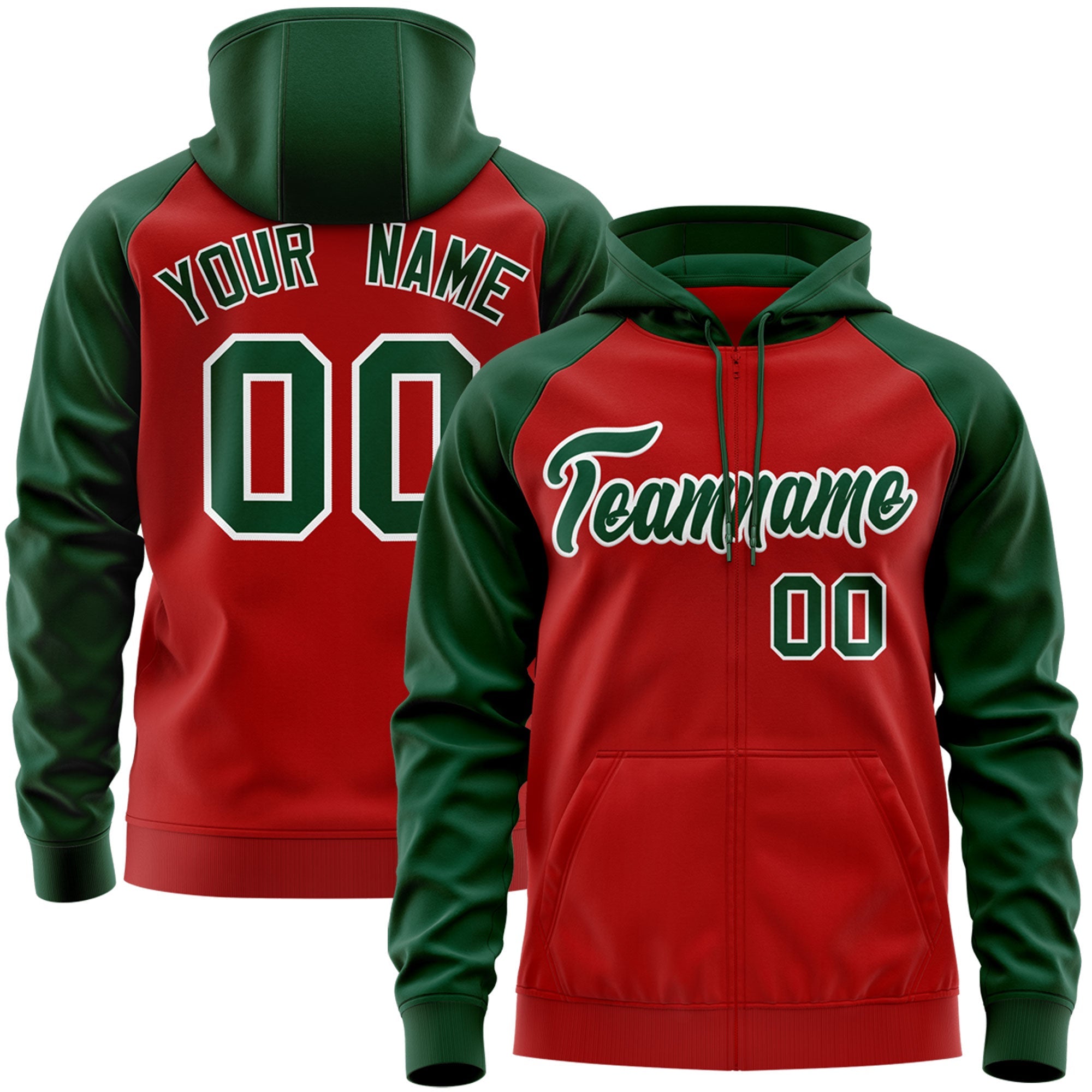 Custom Stitched Red Green-White Raglan Sleeves Sports Full-Zip Sweatshirt Hoodie