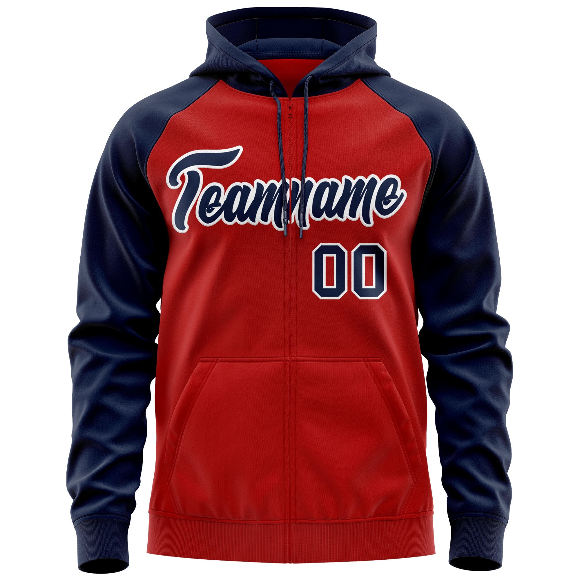 Custom Stitched Red Navy-White Raglan Sleeves Sports Full-Zip Sweatshirt Hoodie