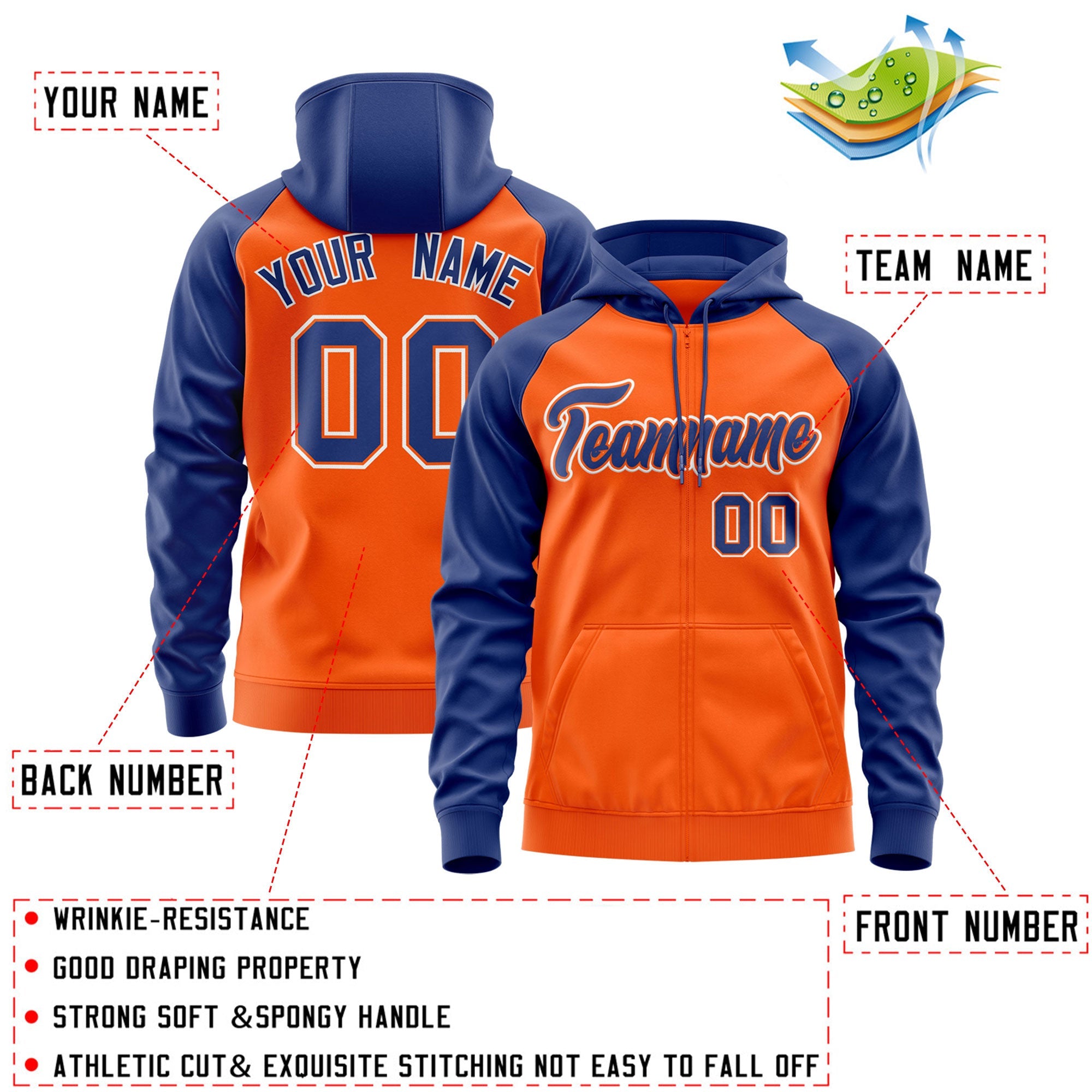 Custom Stitched Orange Royal-White Raglan Sleeves Sports Full-Zip Sweatshirt Hoodie