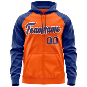 Custom Stitched Orange Royal-White Raglan Sleeves Sports Full-Zip Sweatshirt Hoodie