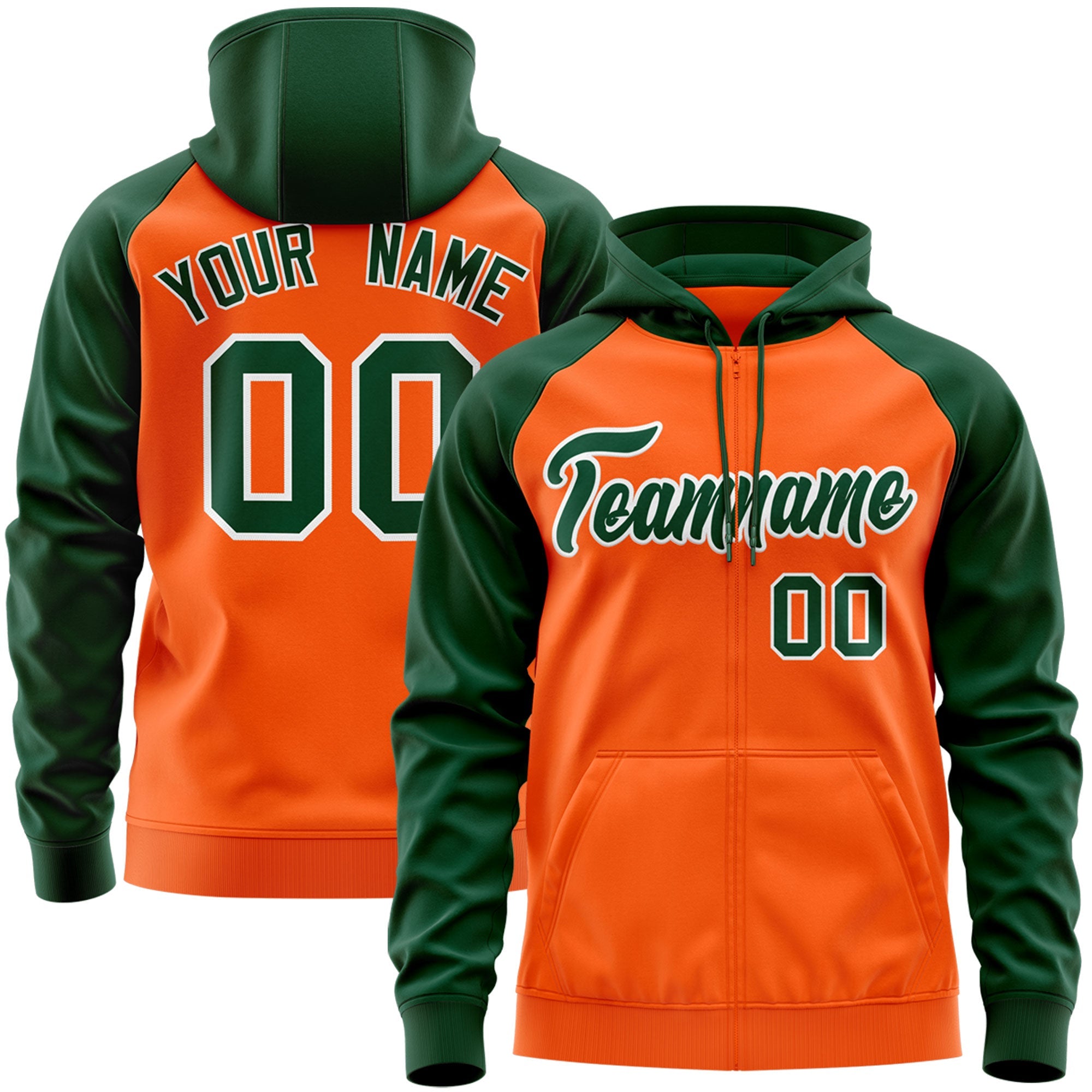 Custom Stitched Orange Green-White Raglan Sleeves Sports Full-Zip Sweatshirt Hoodie