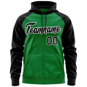 Custom Stitched Kelly Green Black-White Raglan Sleeves Sports Full-Zip Sweatshirt Hoodie