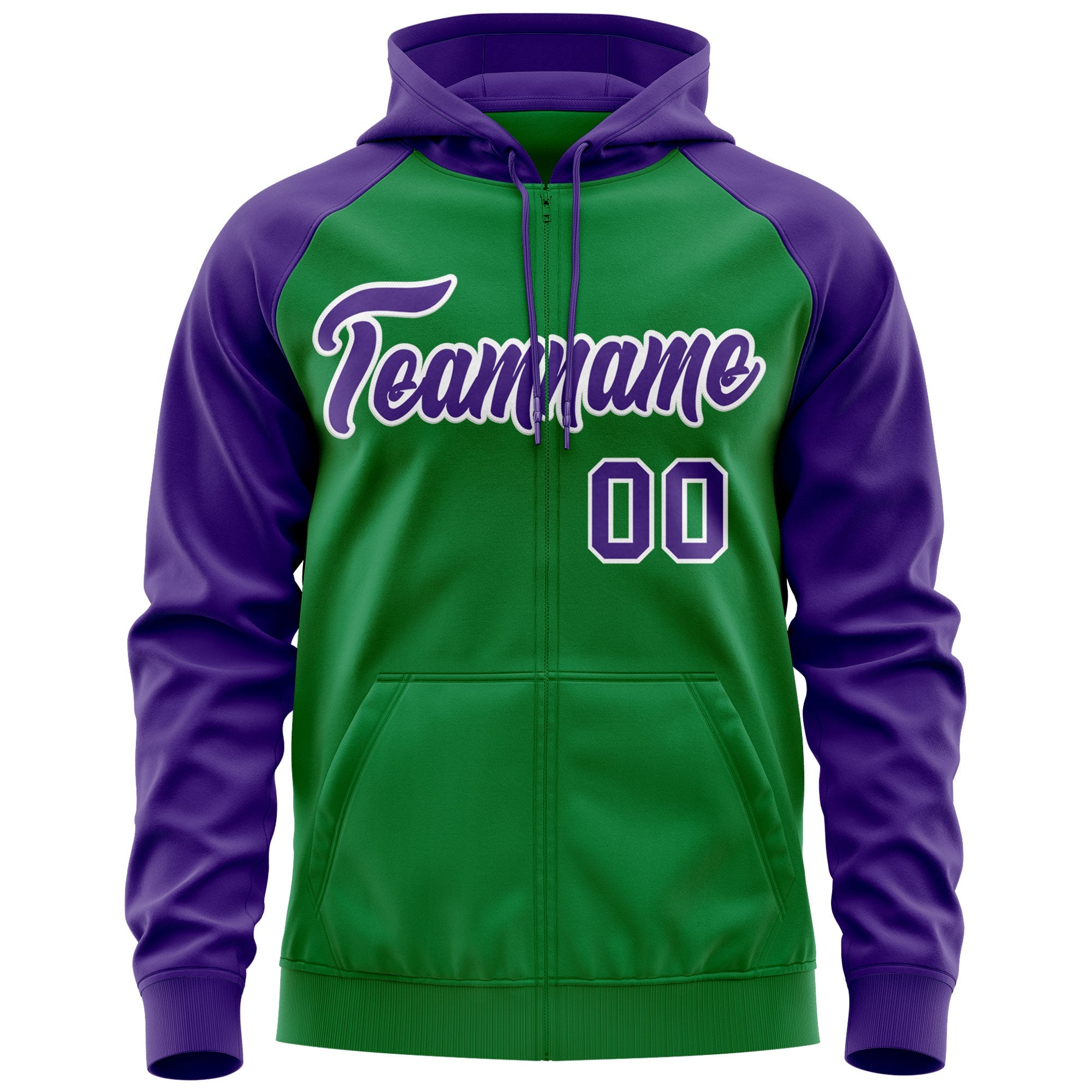 Custom Stitched Kelly Green Purple-White Raglan Sleeves Sports Full-Zip Sweatshirt Hoodie