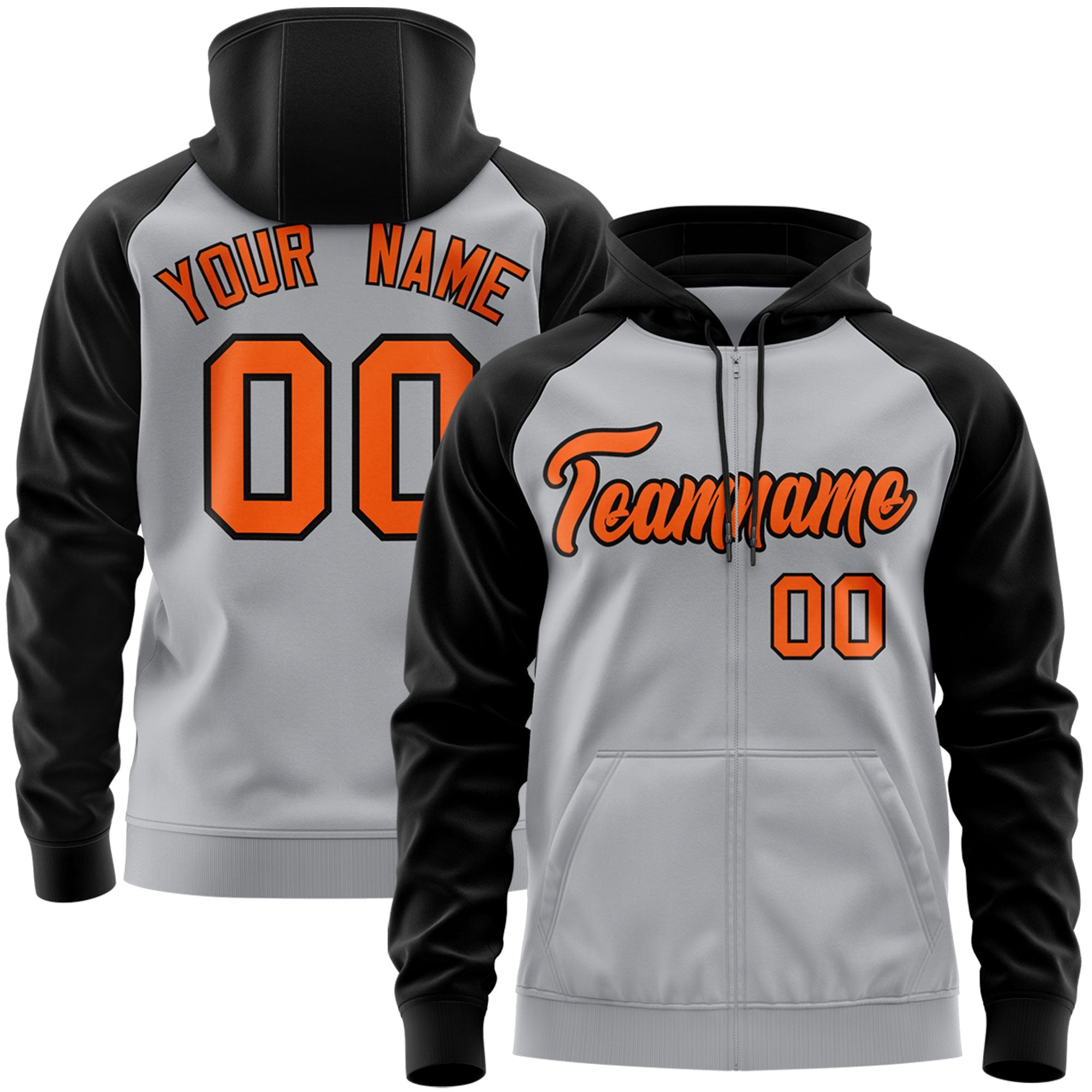 Custom Stitched Gray Orange-Black Raglan Sleeves Sports Full-Zip Sweatshirt Hoodie