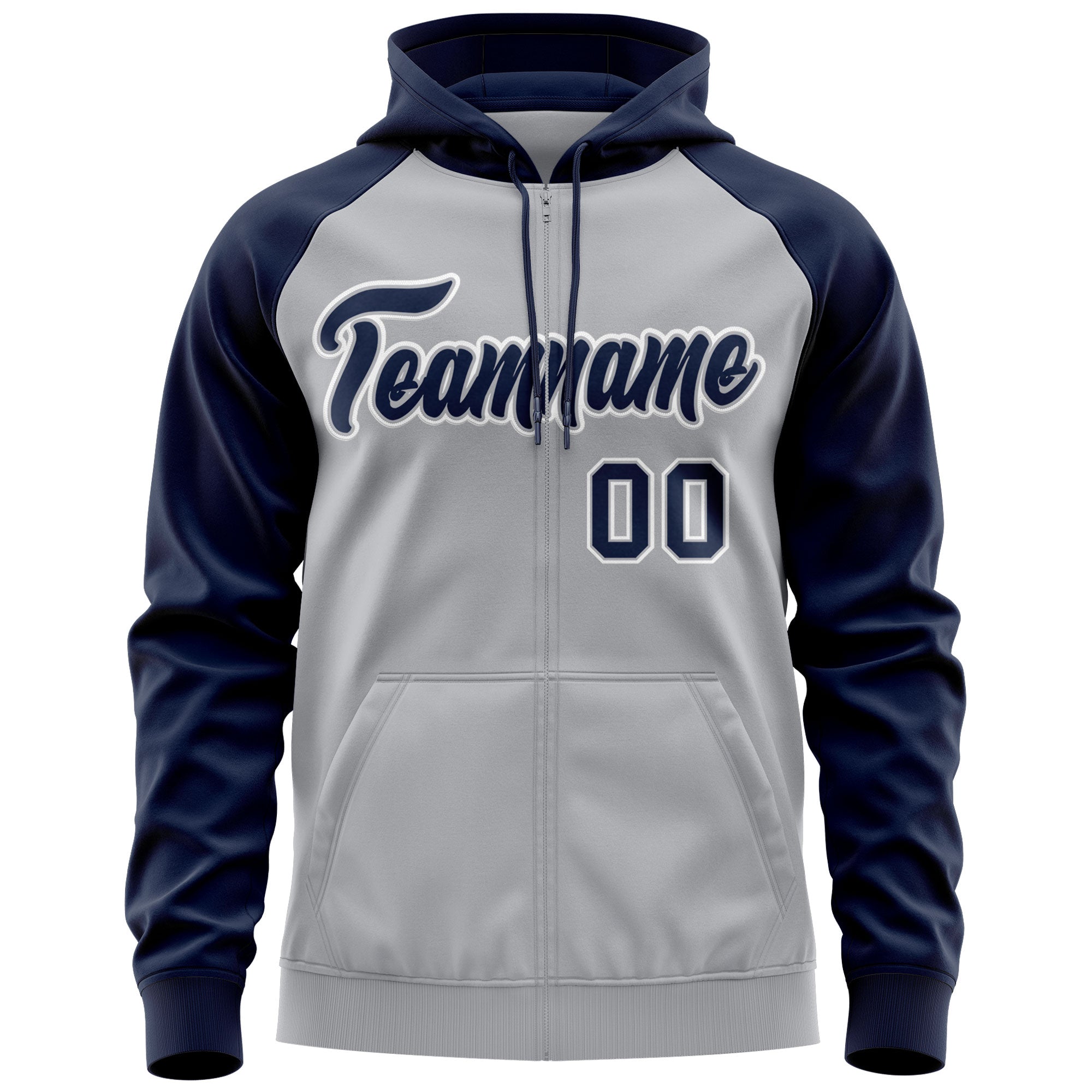 Custom Stitched Gray Navy-White Raglan Sleeves Sports Full-Zip Sweatshirt Hoodie