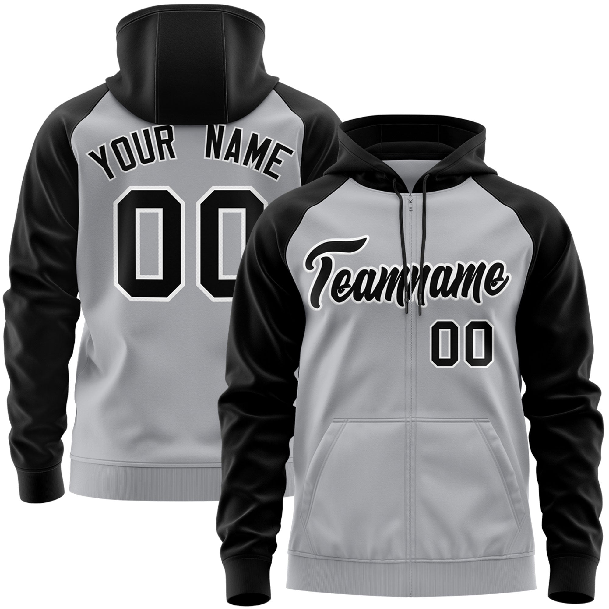 Custom Stitched Gray Black-White Raglan Sleeves Sports Full-Zip Sweatshirt Hoodie