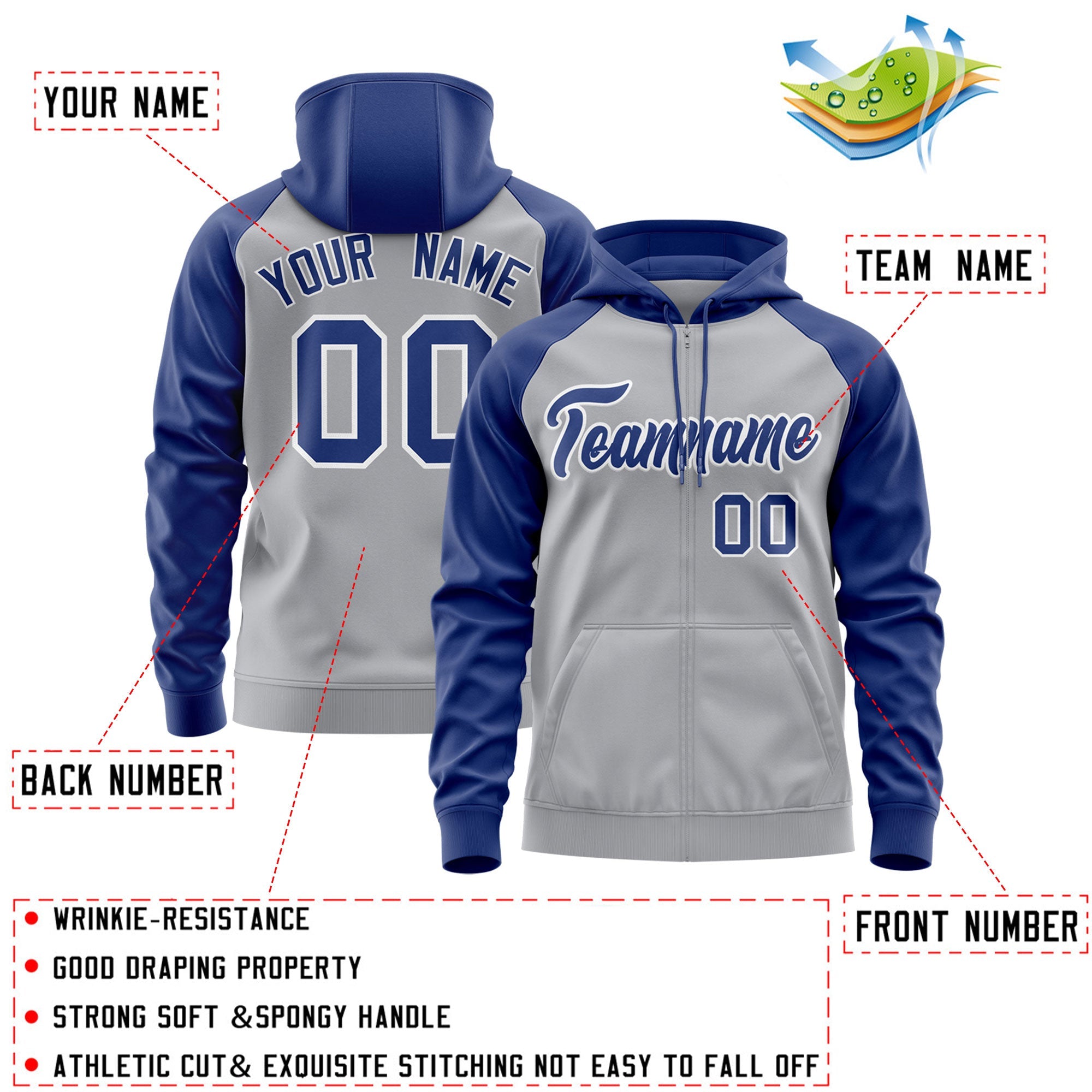 Custom Stitched Gray Royal-White Raglan Sleeves Sports Full-Zip Sweatshirt Hoodie